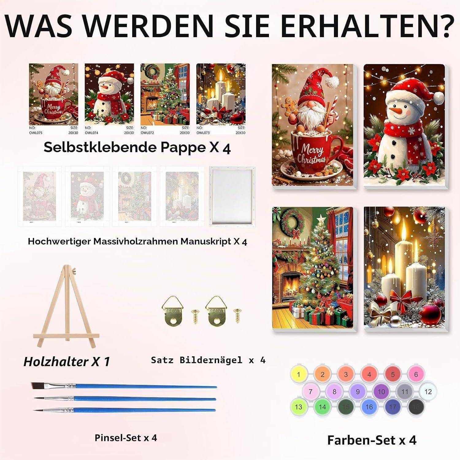 Bowetile 4 Stück Weihnachten Malen Nach Zahlen mit Rahmen für Erwachsene, Gartenzwerg Zahlenmalerei Set mit Holzstaffelei Anfänger Leinwand Kit, Ge