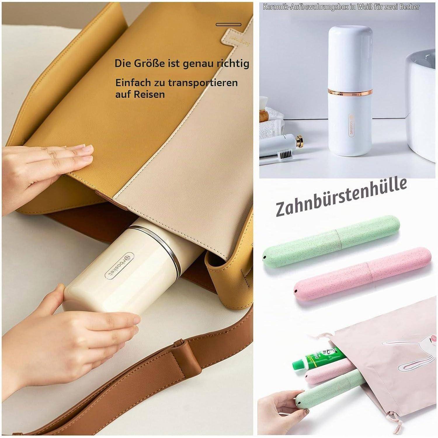 Collage eines tragbaren Zahnbürstengehäuses: Ein zylindrisches Behältnis in der Größe einer Zahnbürste passt in eine Reisetasche, mit deutschem Text „Die Größe ist genau richtig, Einfach zu transportieren auf Reisen