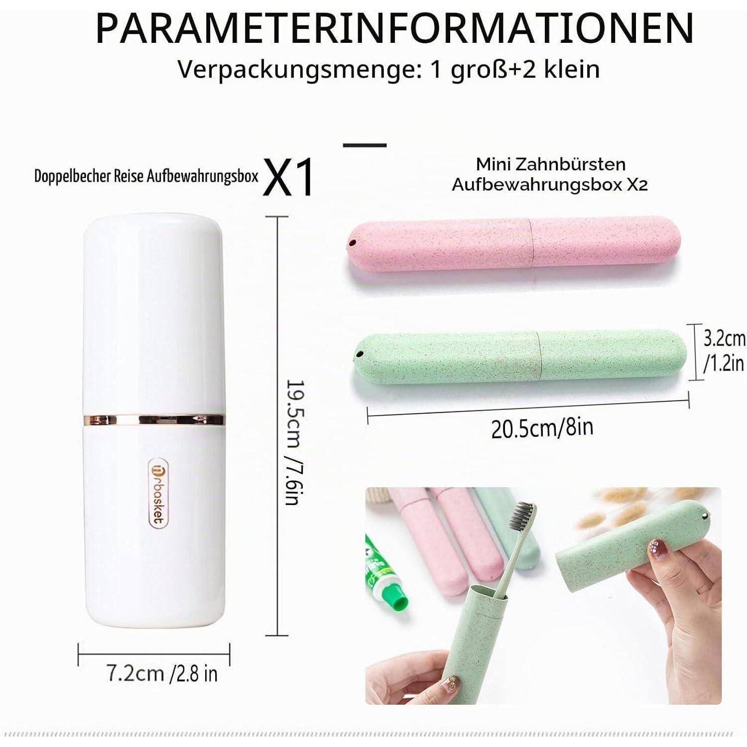 Produktdimensionsdiagramm zeigt 1 große Reisestorageboxe und 2 Mini-Zahnbürstenstoragebboxen; große Box ist 19,5 cm hoch und 7,2 cm breit, Minis sind 20,5 cm lang und 3,2 cm breit.