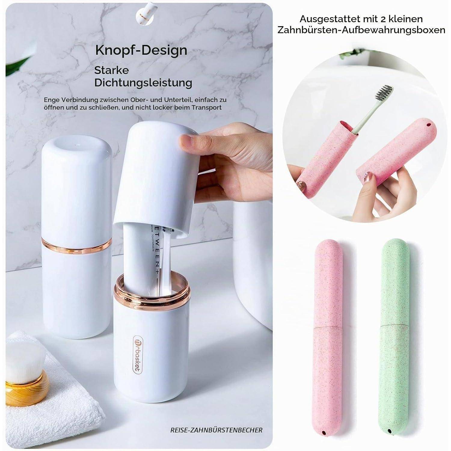 Weißer Reise-Zahnbürstenhalter mit Knopfdesign, geöffnet zur Aufbewahrung einer Zahnbürste; mit zwei Pastellaufbewahrungskästen.