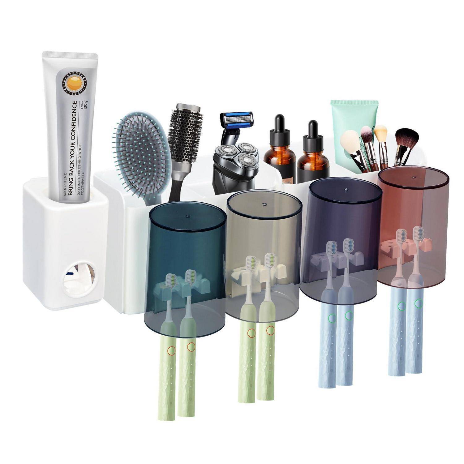 Satz von Badezimmerorganizern zum Aufbewahren von Toilettenartikeln und Makeup-Pinseln, einschließlich eines Zahnpastapendieres und zylindrischer Behälter für Zahnbürsten und Kosmetikwerkzeuge.