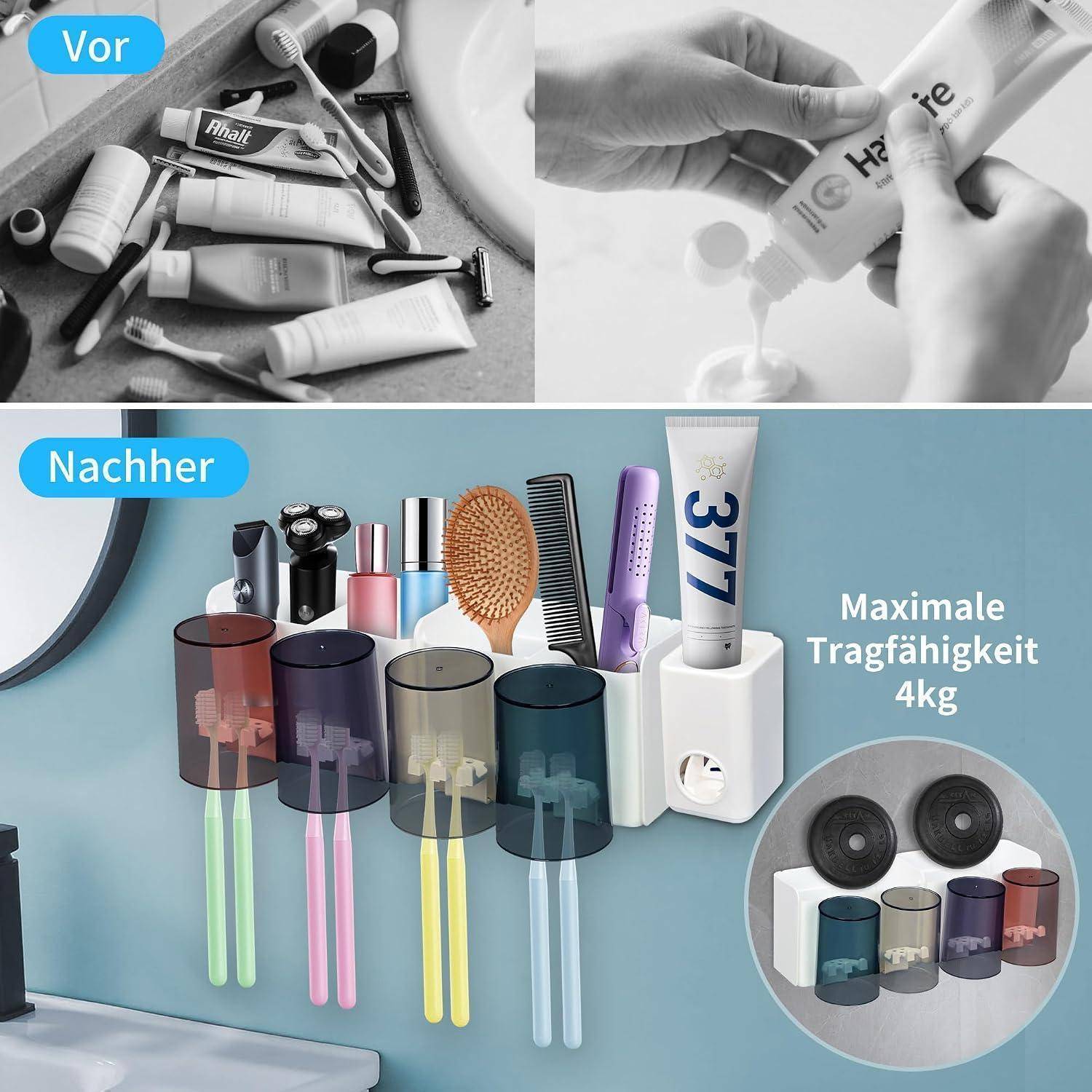 Badezimmer-Organizer vorher und nachher: Oben sind verstreute Toilettenartikel zu sehen; unten zeigt ein an der Wand montierter Behälter, der Bürsten, Tuben und Kämme organisiert, mit der Beschriftung „Maximale Tragfähigkeit 4kg