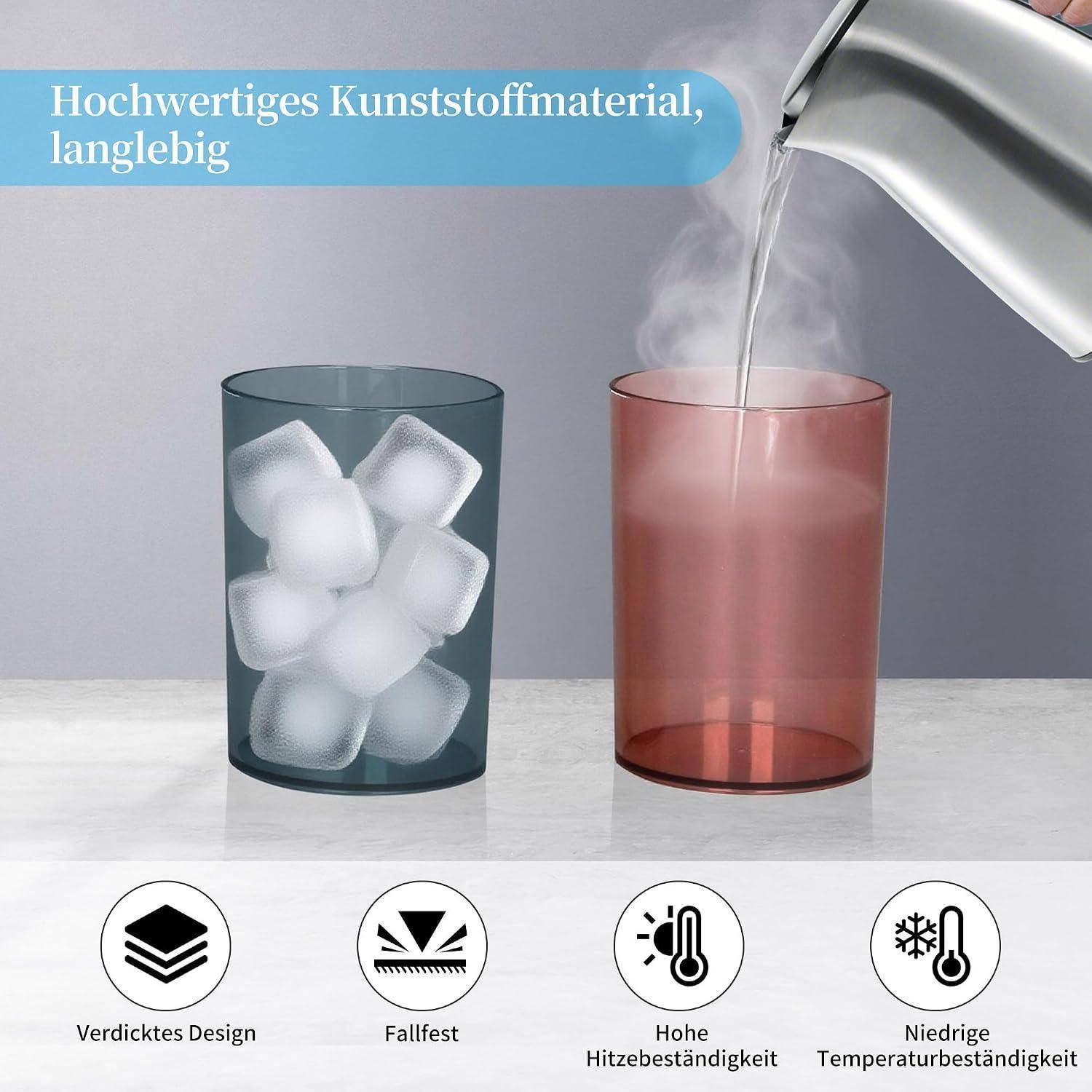 Zwei farbige Kunststoffbecher werden gezeigt, einer gefüllt mit Eiswürfeln und einer mit heißem Wasser, das eingegossen wird; deutscher Text besagt „Hochwertiges Kunststoffmaterial, langlebig