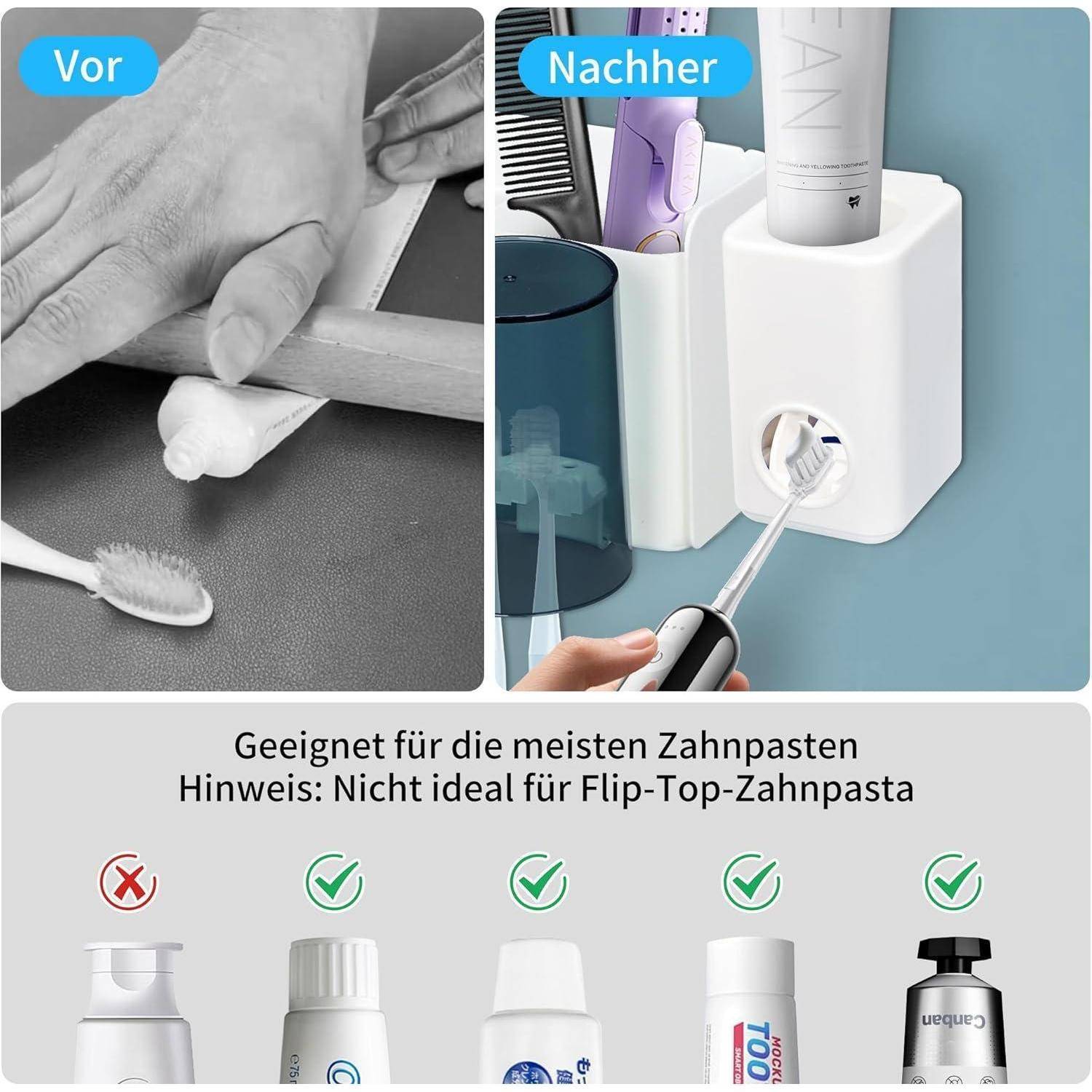 Vorher und Nachher eines Zahnpastaspenders: manuelles Ausdrücken versus ein wandmontierter Halter. Der Text besagt, dass er zu den meisten Zahnpasten passt, aber nicht zu Zahnpasten mit Klappdeckel.