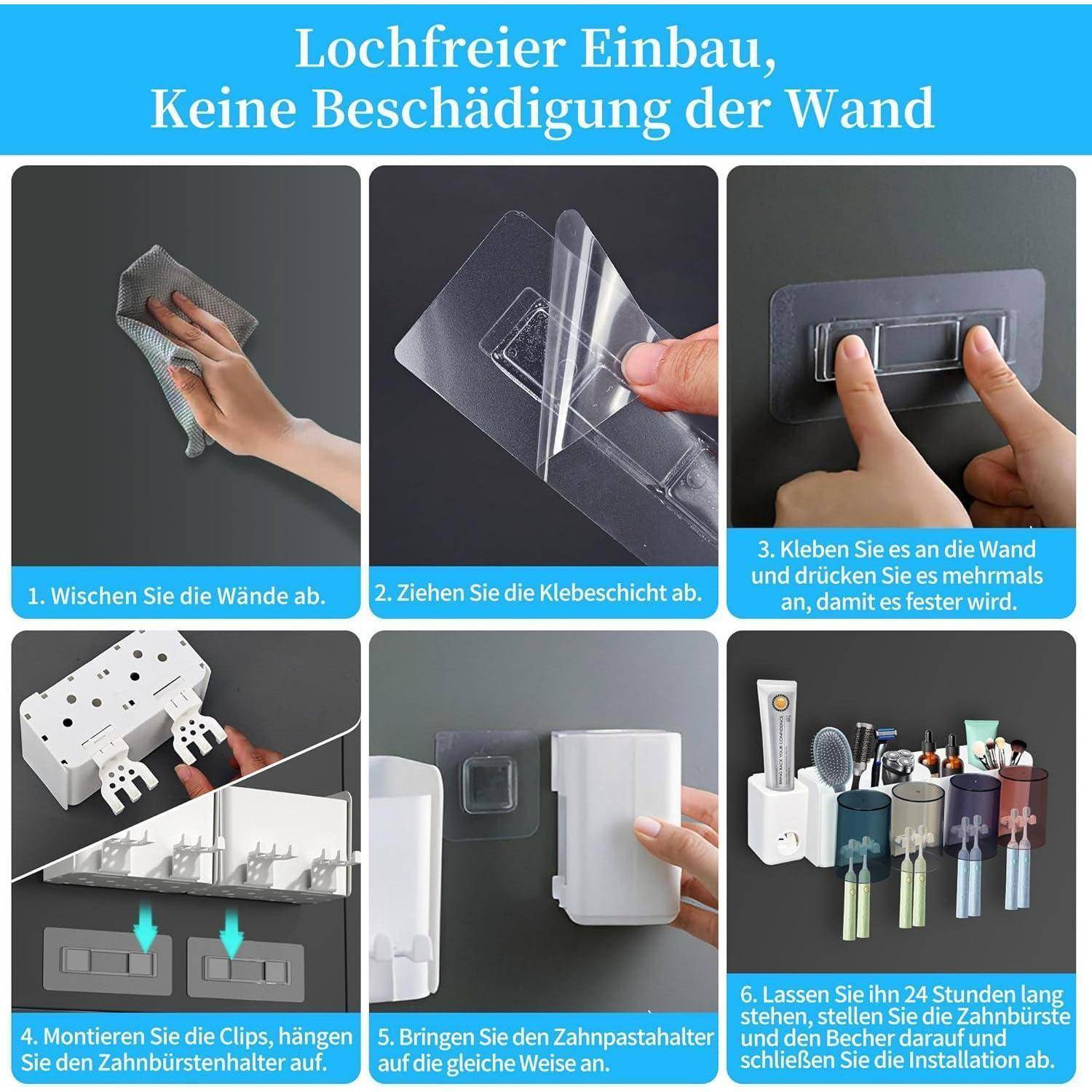 Anleitungsgrafik mit sechs Schritten zur Montage eines wandgestützten Halters ohne Beschädigungen: Wand reinigen, Klebeband abziehen, drücken, Clips anbringen, Speicher montieren und 24 Stunden warten.