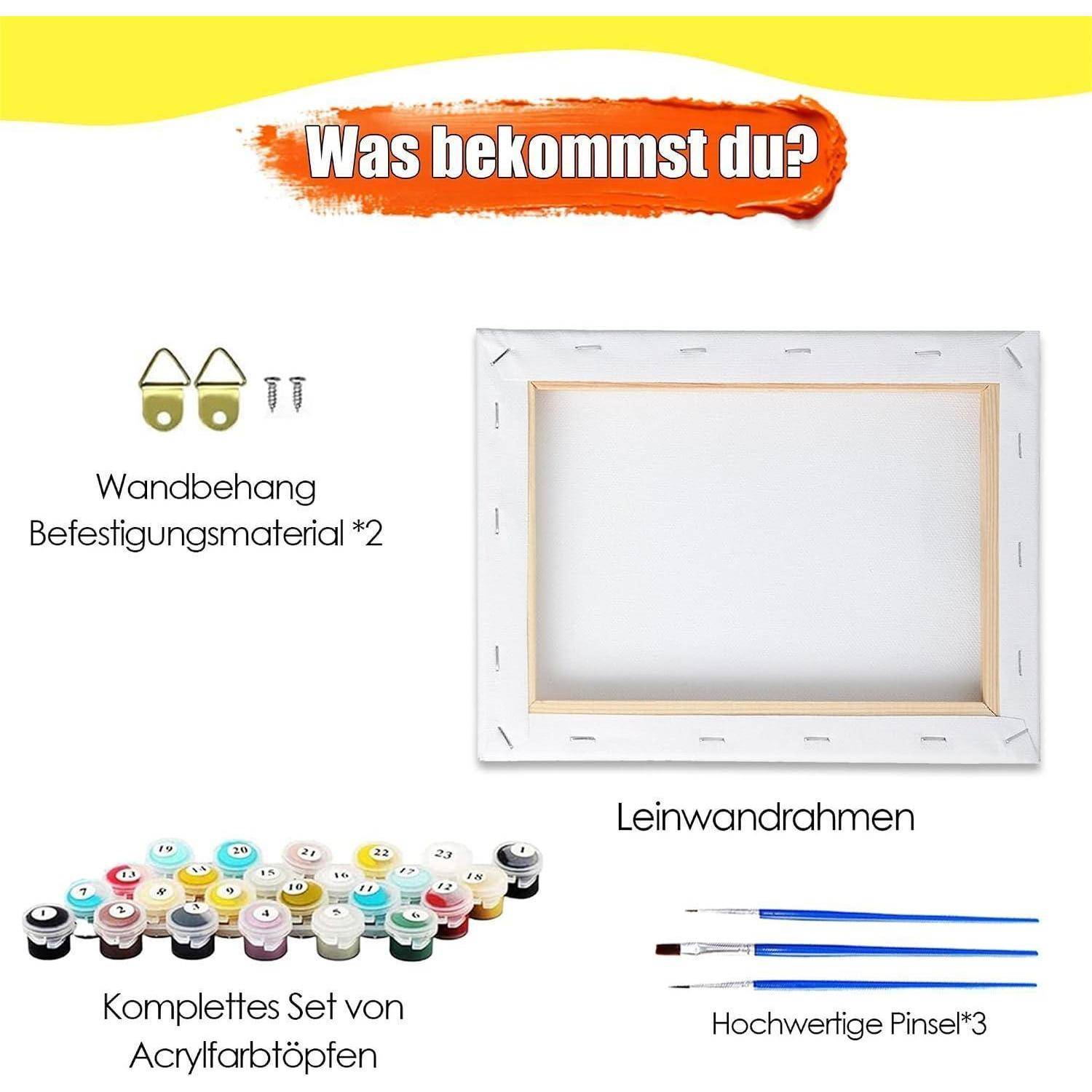 Werbegrafikbild zeigt, was enthalten ist: Wandbefestigungszubehör, ein Leinwandrahmen und ein kompletter Satz Acrylfarbtöpfe mit 3 Pinseln.