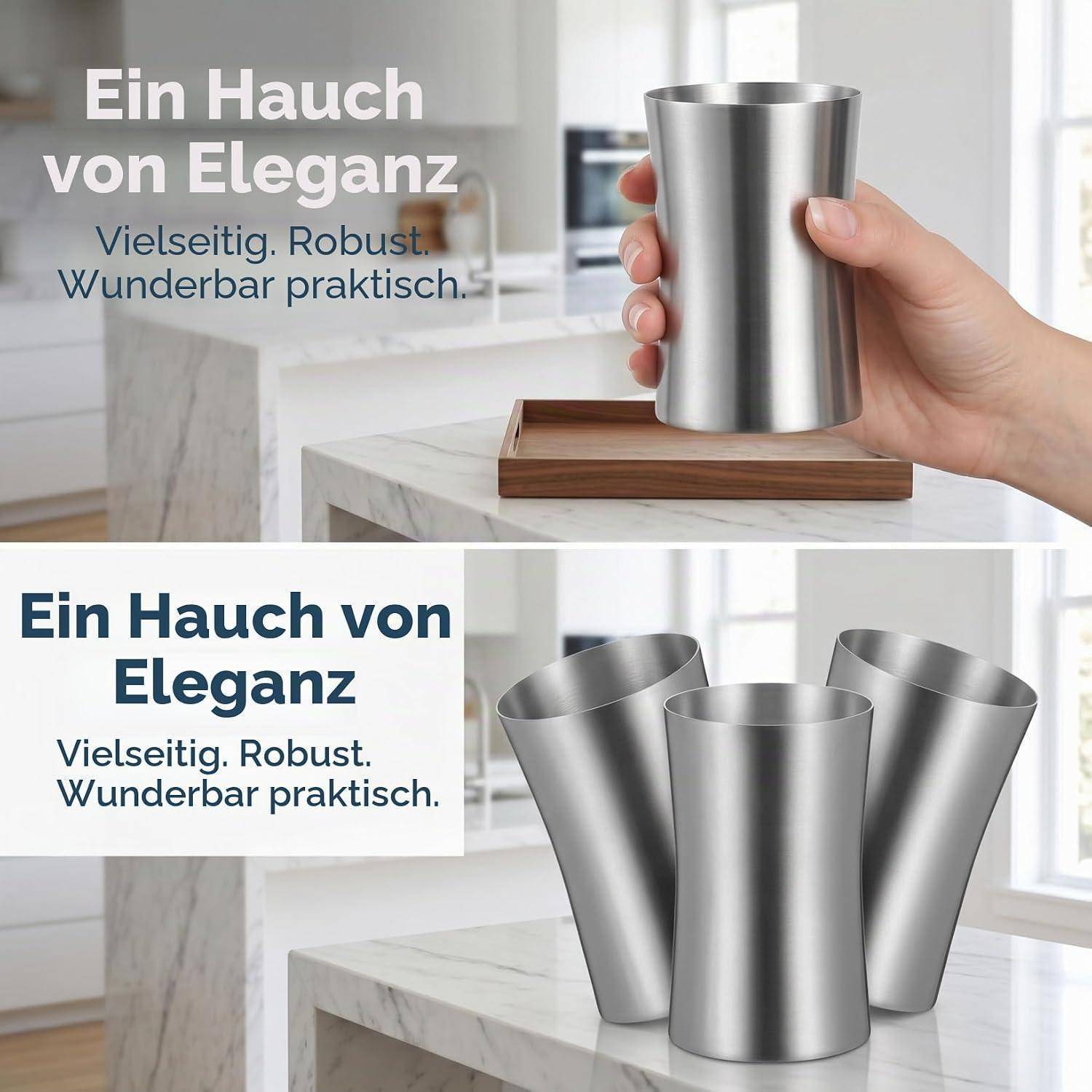 Anzeige für Edelstahl-Becher, gezeigt in einer Hand und in einem Set aus drei Stück, mit deutschem Text „Ein Hauch von Eleganz