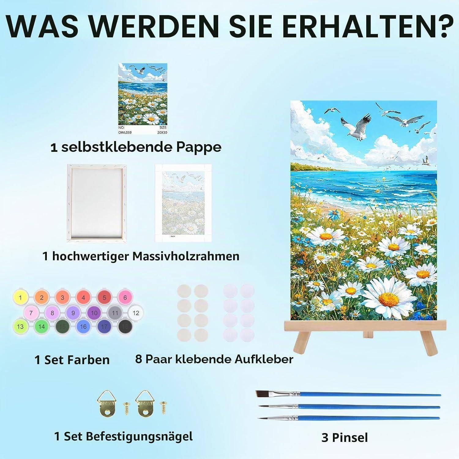Deutsches Produktgrafik mit enthaltenen Malen-nach-Zahlen-Set-Artikeln: selbstklebendes Leinentuch, Holzrahmen, Malset, Aufklebersticker, Befestigungsnägel und 3 Pinsel.