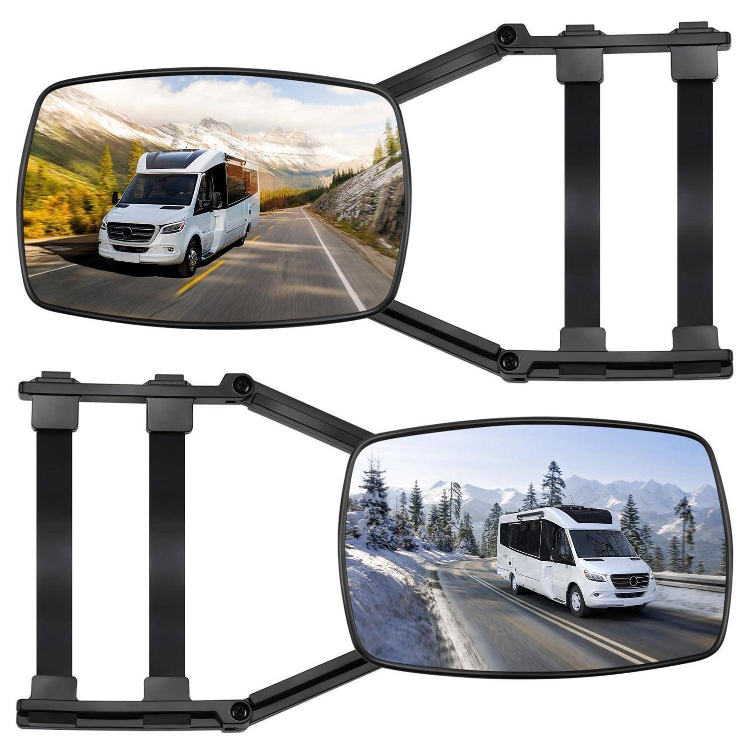 Satz aus zwei ausfahrbaren Spiegeln für Lastkraftwagen, die einen weißen Lieferwagen auf einer Straße reflektieren, gezeigt in oberer und unterer Konfiguration.