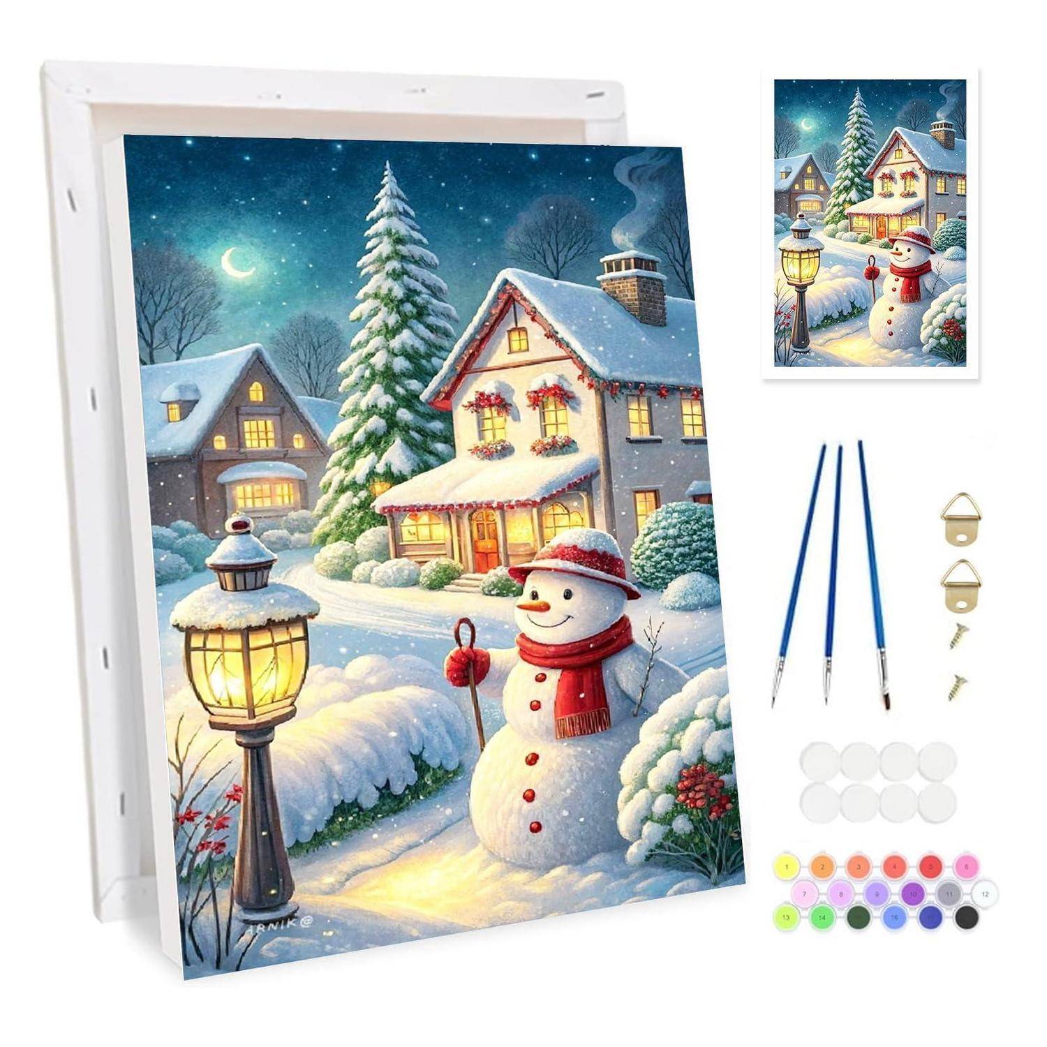 DIY-Diamantmalerei-Set mit Winterdorf-Szene mit einem Schneemann, beleuchteten Häusern und Laternenpfahl, plus Werkzeuge und Perlen im Lieferumfang enthalten.