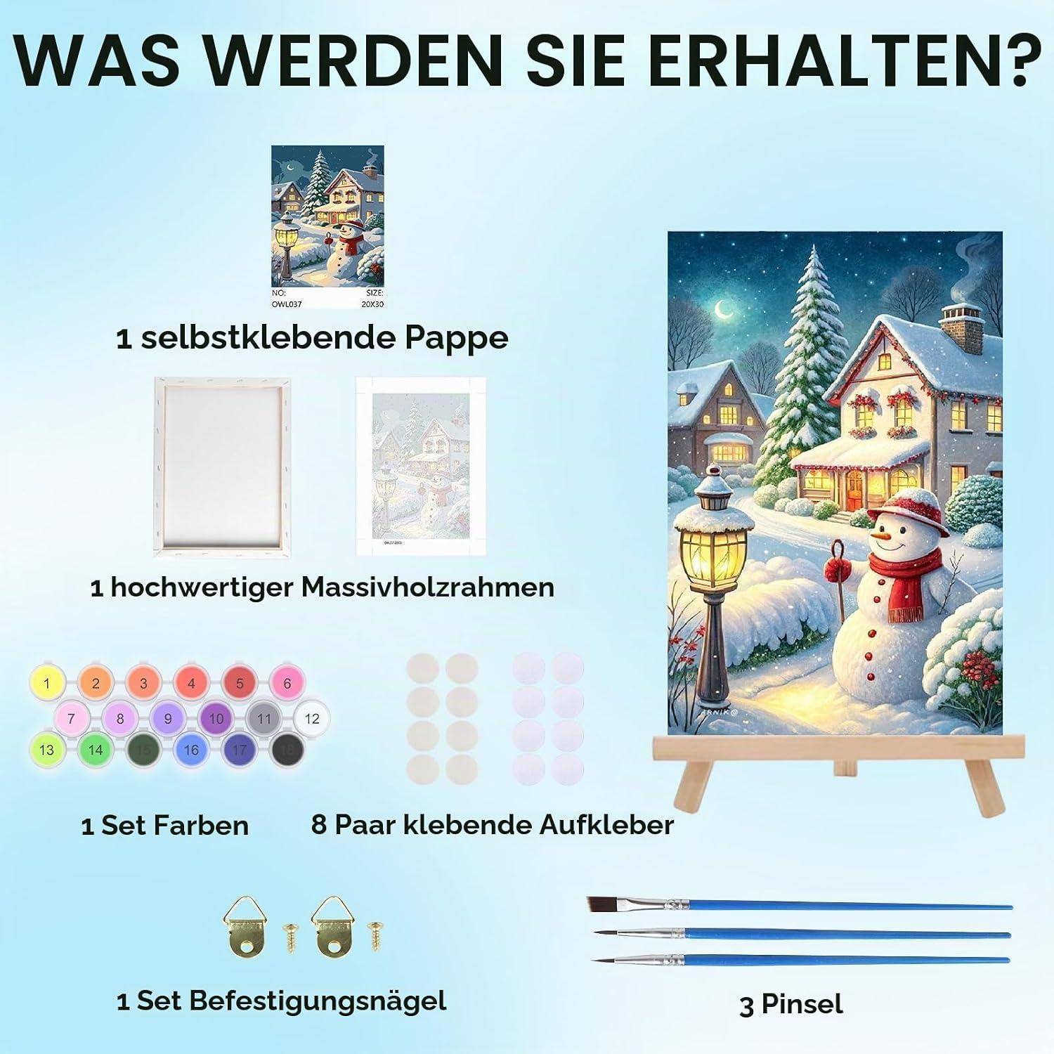 Deutsche Produktinhalts-Grafik zeigt, was Sie erhalten: 1 selbstklebendes Leinentuch, 1 massiver Holzrahmen, 1 Farbsatz, 8 Paar Aufkleber, 1 Satz Befestigungsnägel und 3 Pinsel, mit einer Beispielmalerei eines Winterschneemmannes.