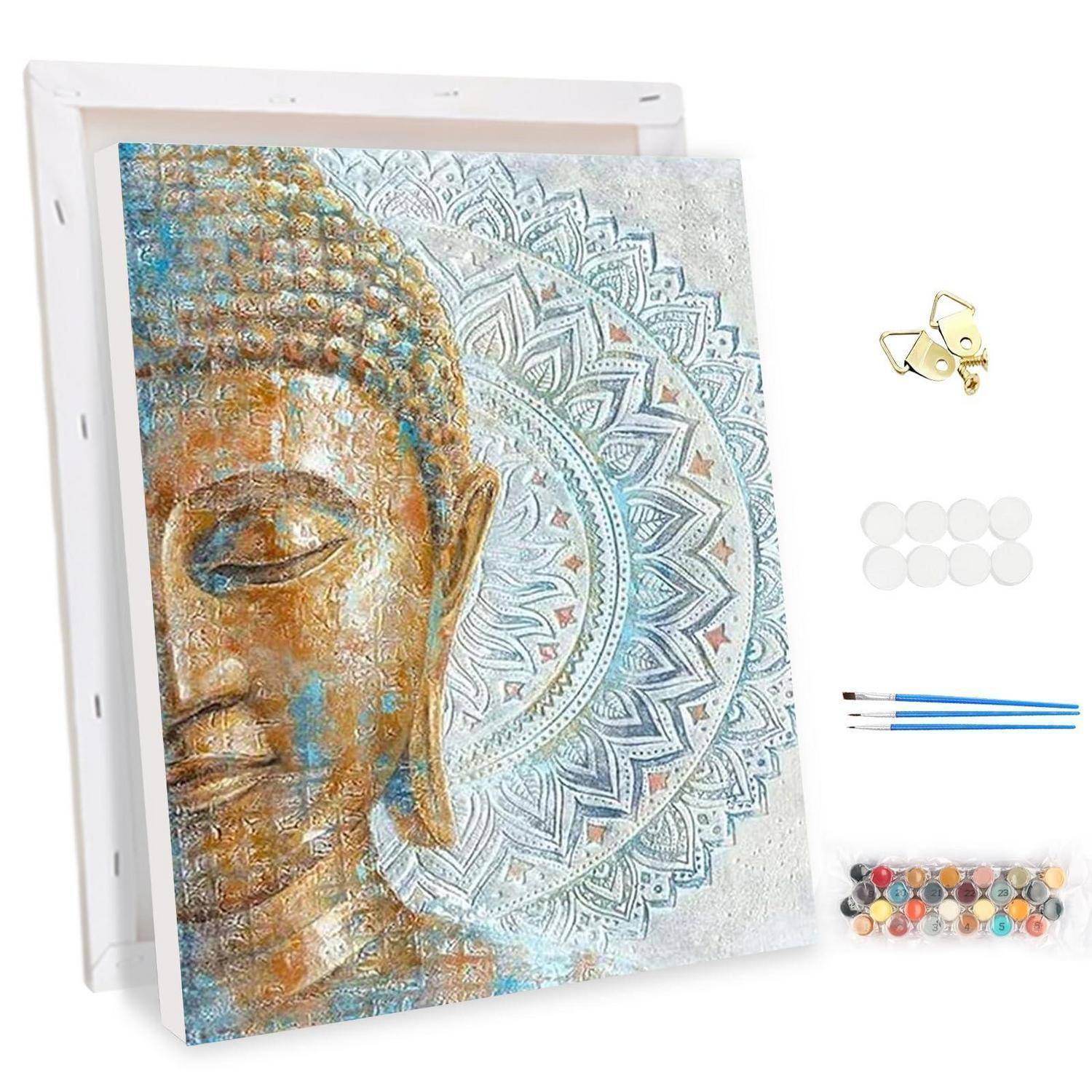 DIY Buddha-Gesichtskunst-Leinwand-Set mit Haken, Klebepunkten, Pinseln und Farbpods im Lieferumfang enthalten