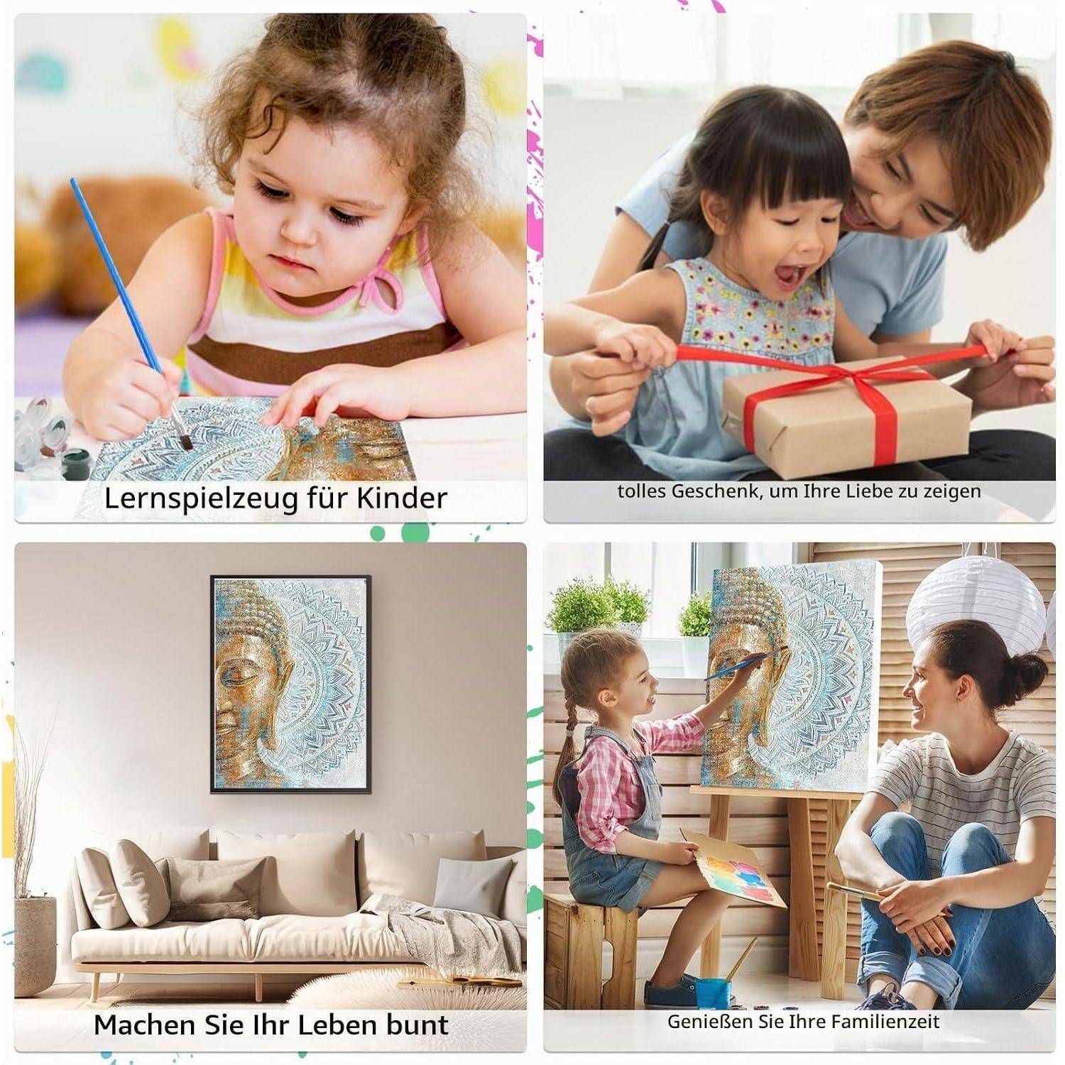 # Vierfeld-Collage: Kinder beim Malen und beim Auspacken eines Geschenks, sowie eine Mutter und ein Kind, die zusammen in einem hellen Raum malen. Deutsche Bildunterschriften fördern Lernspielzeug, Geschenke, gemeinsame Zeit mit der Familie und farbenfrohe Lebensräume.