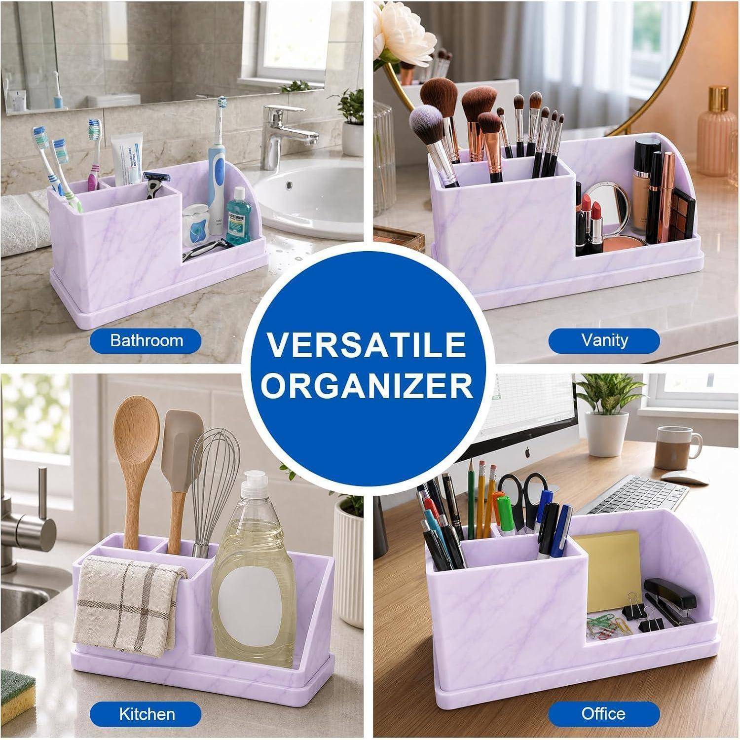 Collage eines vielseitigen Organizers mit Marmormuster für Badezimmer, Waschtisch, Küche und Büro zum Aufbewahren von Toilettenartikeln, Make-up, Utensilien und Zubehör.