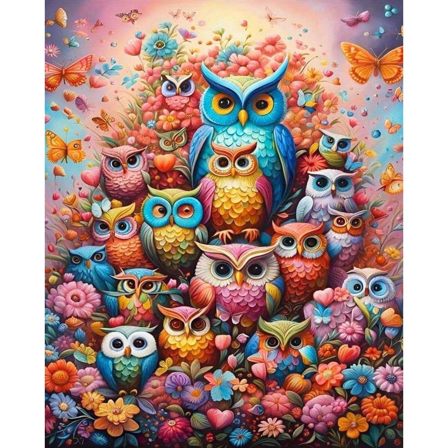 Bunte Illustration von vielen Eulen unterschiedlicher Größen unter dichten Blüten, zentriert auf eine große blaue Eule mit mehreren kleineren Eulen um sie herum.