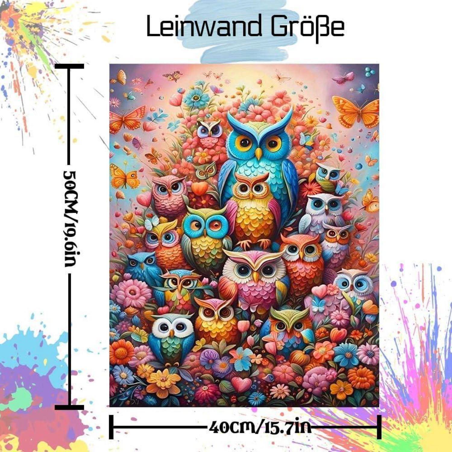 Leinwand Größe Illustration mit einem farbenfrohen Eulenbild, beschriftet mit 50 cm x 40 cm, mit Dimensionen markiert auf Deutsch als „Leinwand Größe