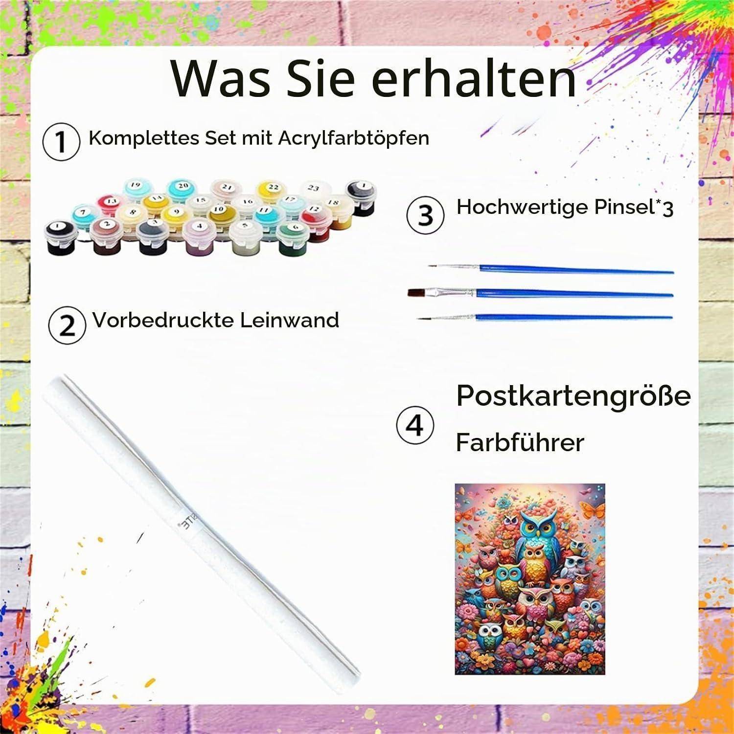 Aquarellmalset-Produktinhalte-Grafik mit einem Malen-nach-Zahlen-Set: Acrylfarbtöpfe, bedruckte Leinwand, 3 Pinsel und eine Postkartengröße-Farbführung mit Eulenmotiv.