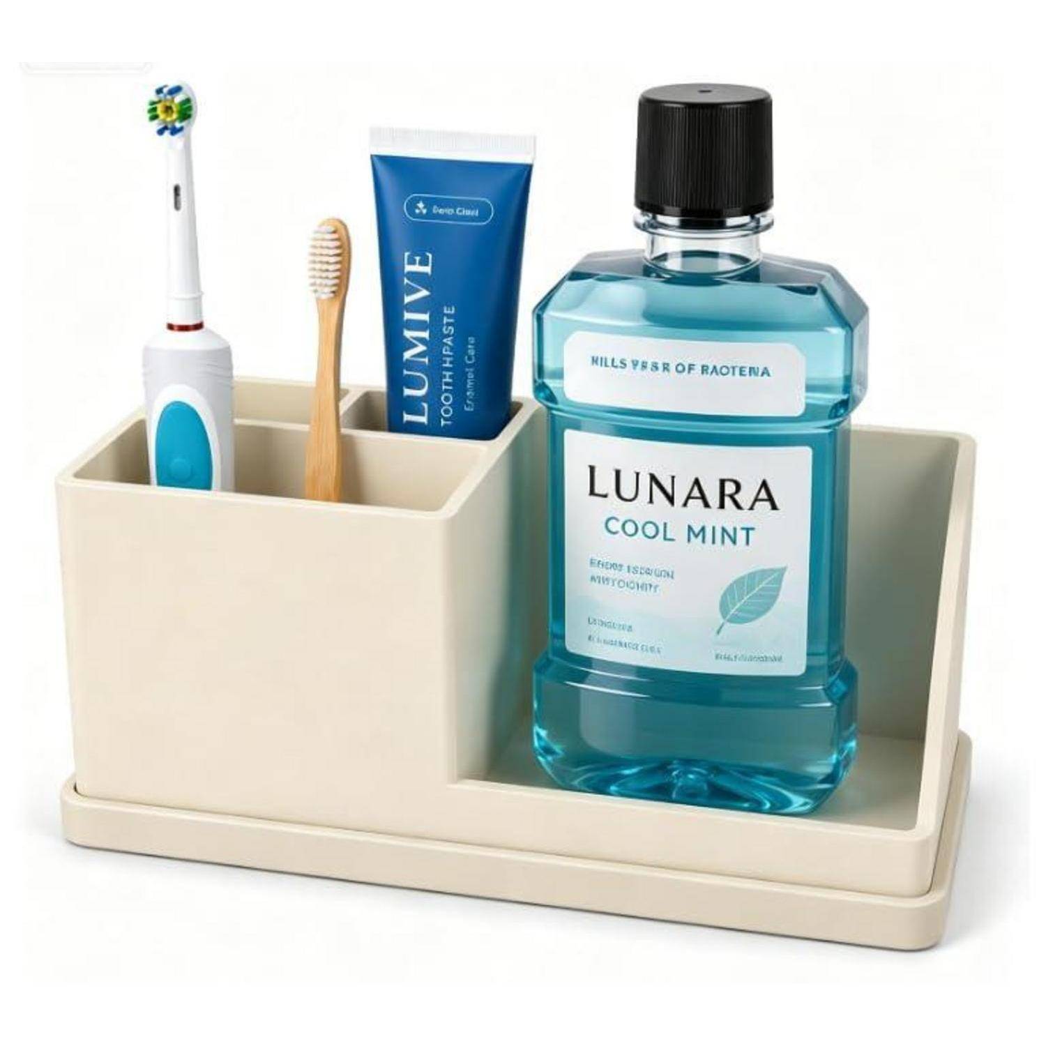 Zahnbürstenhalter mit elektrischer Zahnbürste, manueller Zahnbürste, Zahnpastatube und Mundspülflasche mit der Aufschrift „LUNARA COOL MINT