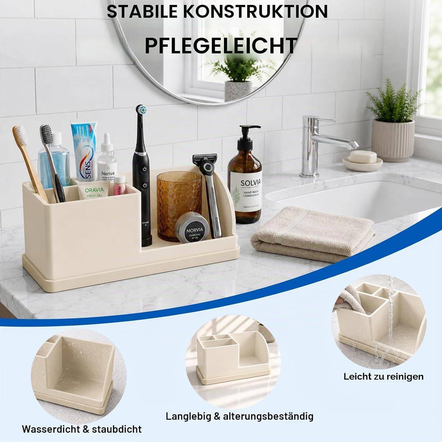 Badezimmer-Arbeitsplatte-Organizer mit Toilettenartikeln und Zahnbürsten, mit deutschem Text „STABILE KONSTRUKTION