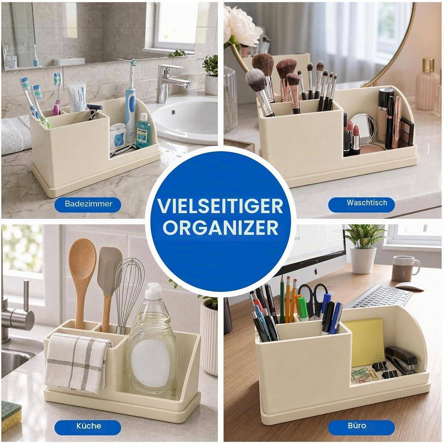 # Collage mit vielseitigem beigem Organizer im Badezimmer, auf der Kommode, in der Küche und am Schreibtisch im Büro; Text in der Mitte lautet „VIELSEITIGER ORGANIZER
