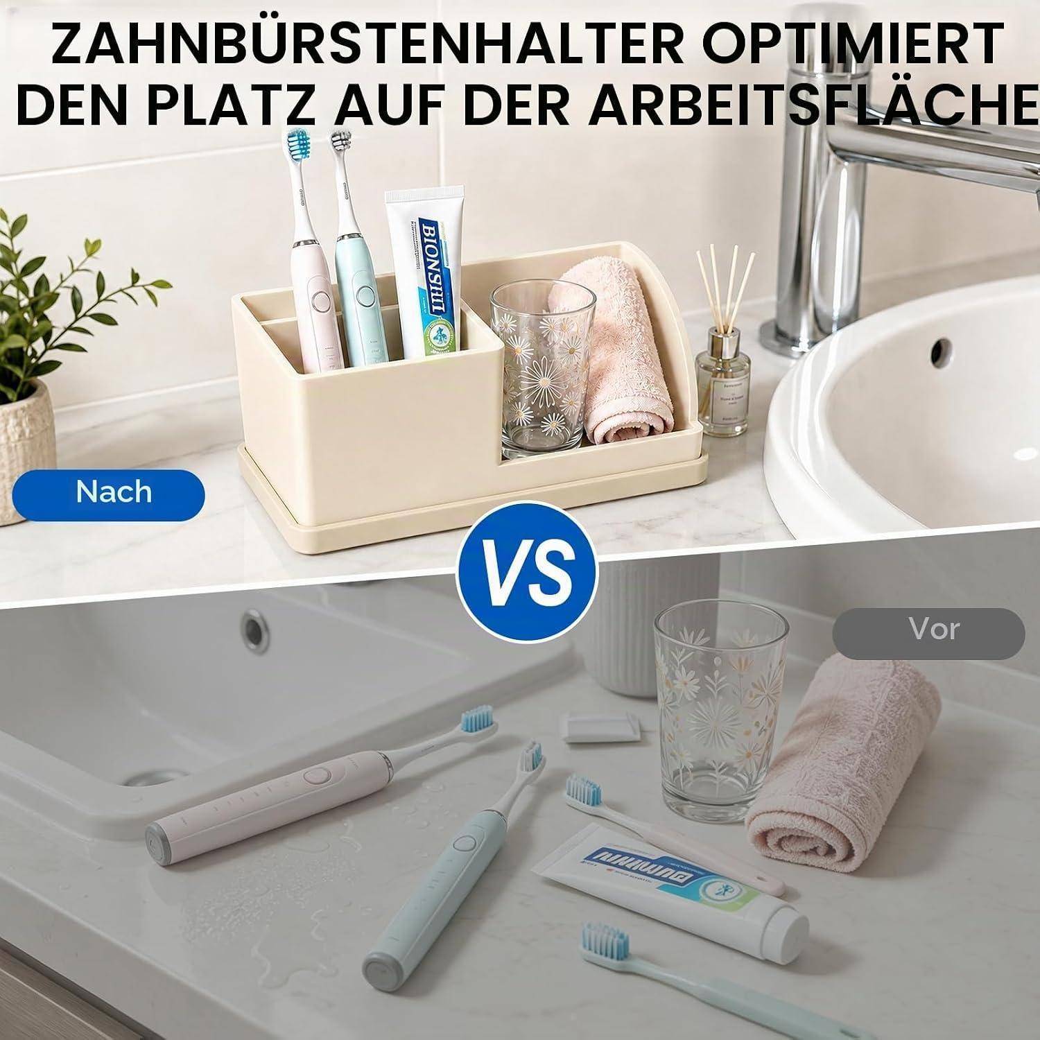 Split-image bathroom countertop comparison showing an organized toothbrush holder 'Nach' versus cluttered items 'Vor', with text 'ZAHNBÜRSTENHALTER OPTIMIERT DEN PLATZ AUF DER ARBEITSFLÄCHE' and a central 'VS'.