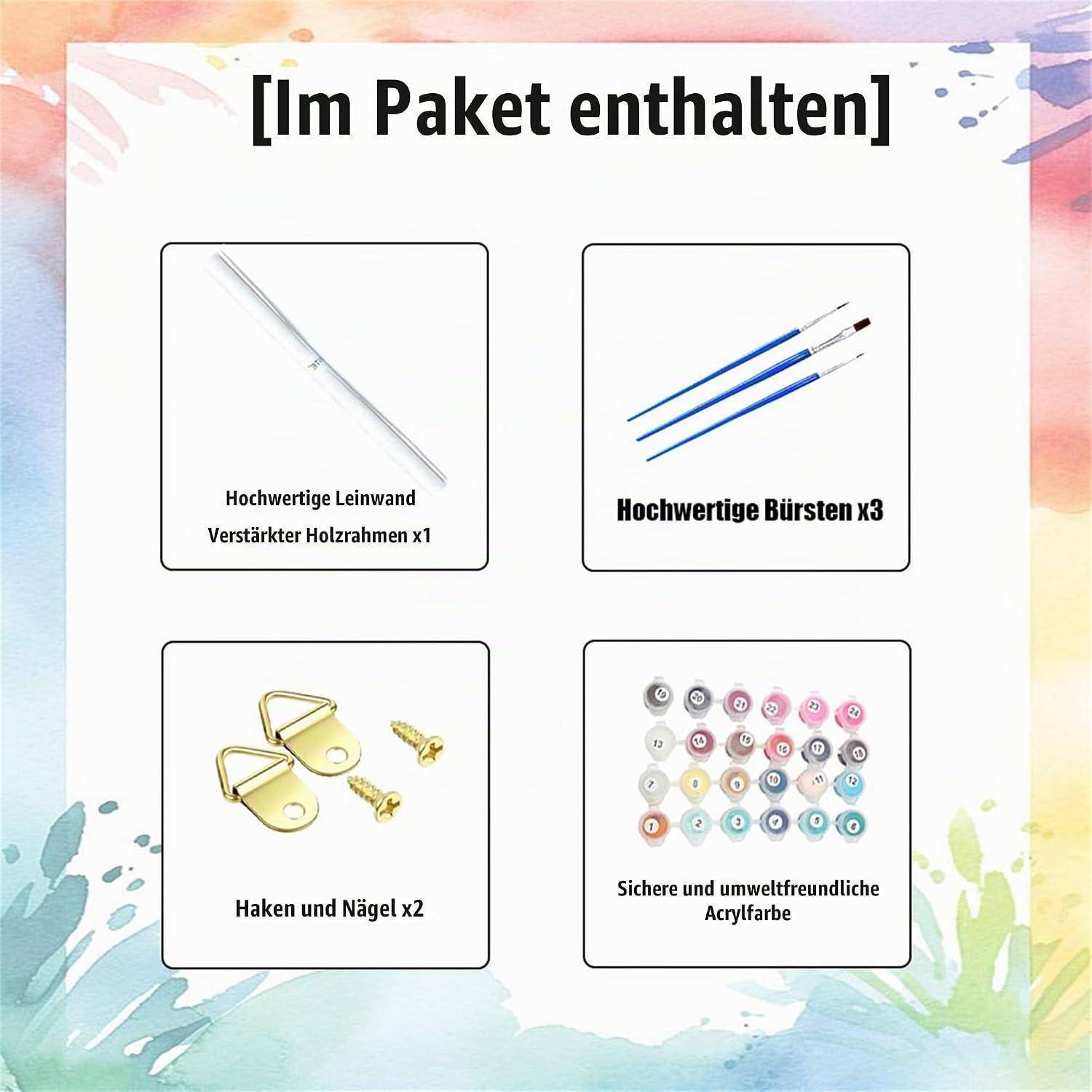 Im Paket enthalten: eine Leinwand auf Keilrahmen, drei Pinsel, zwei Aufhängehaken mit Nägeln und Acrylfarben.