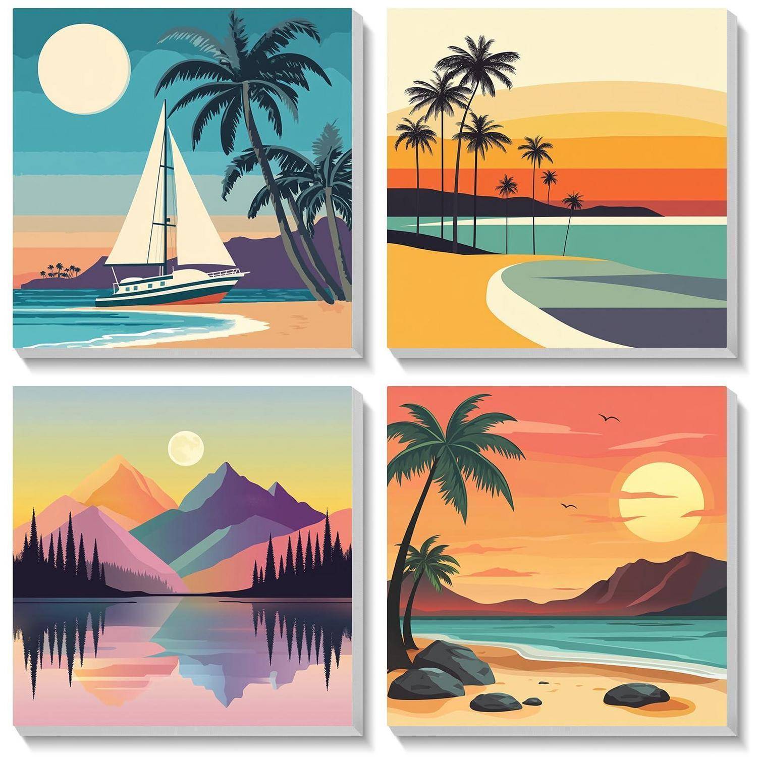 Vier tropische und Berglandschaftsillustrationen: ein Segelboot neben Palmen, ein Strandsonnenuntergang, eine Bergseespiegelung und eine Sonnenuntergang-Uferlinie.