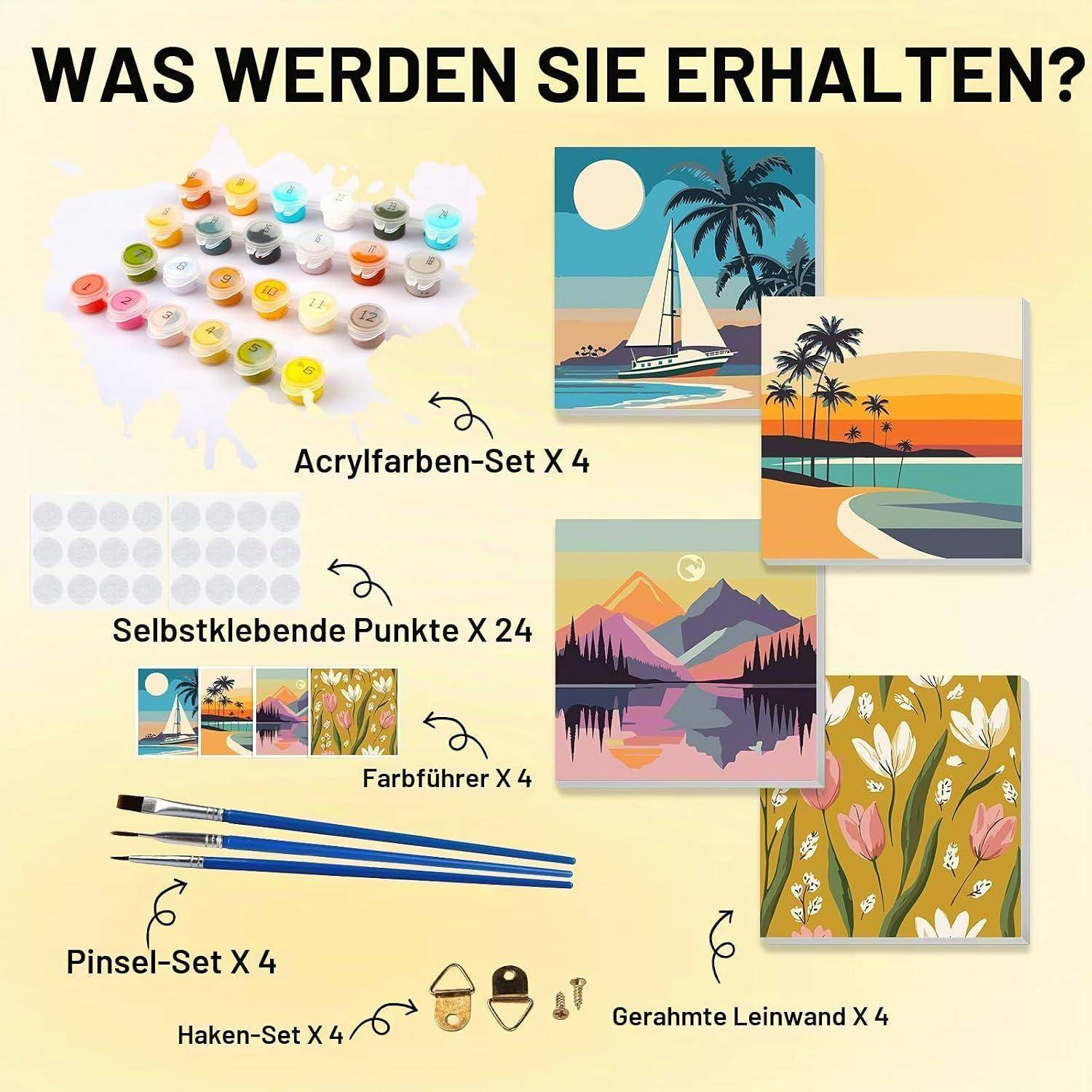 Bowetile 4Stück Sonnenuntergang Malen Nach Zahlen Kinder mit Rahmen, Malen Nach Zahlen Kinder mit Rahmen ab4-12, Diy Gemäide Bastelset auf Leinwand