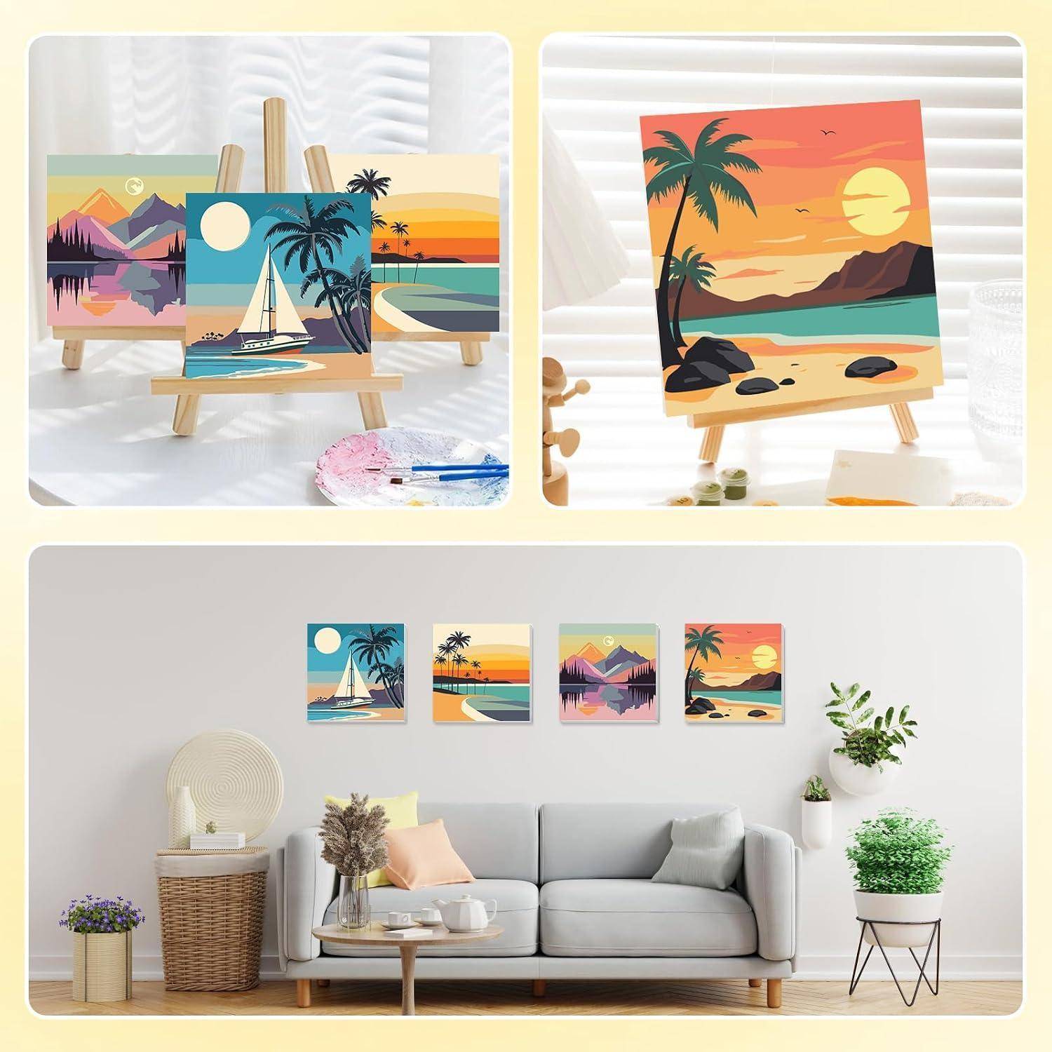 Leinwandkunstdrucke mit tropischen Sonnenuntergängen, einem Segelboot und Palmen auf Staffeleien ausgestellt, mit passenden Drucken, die über einem Wohnzimmersofa aufgehängt sind.
