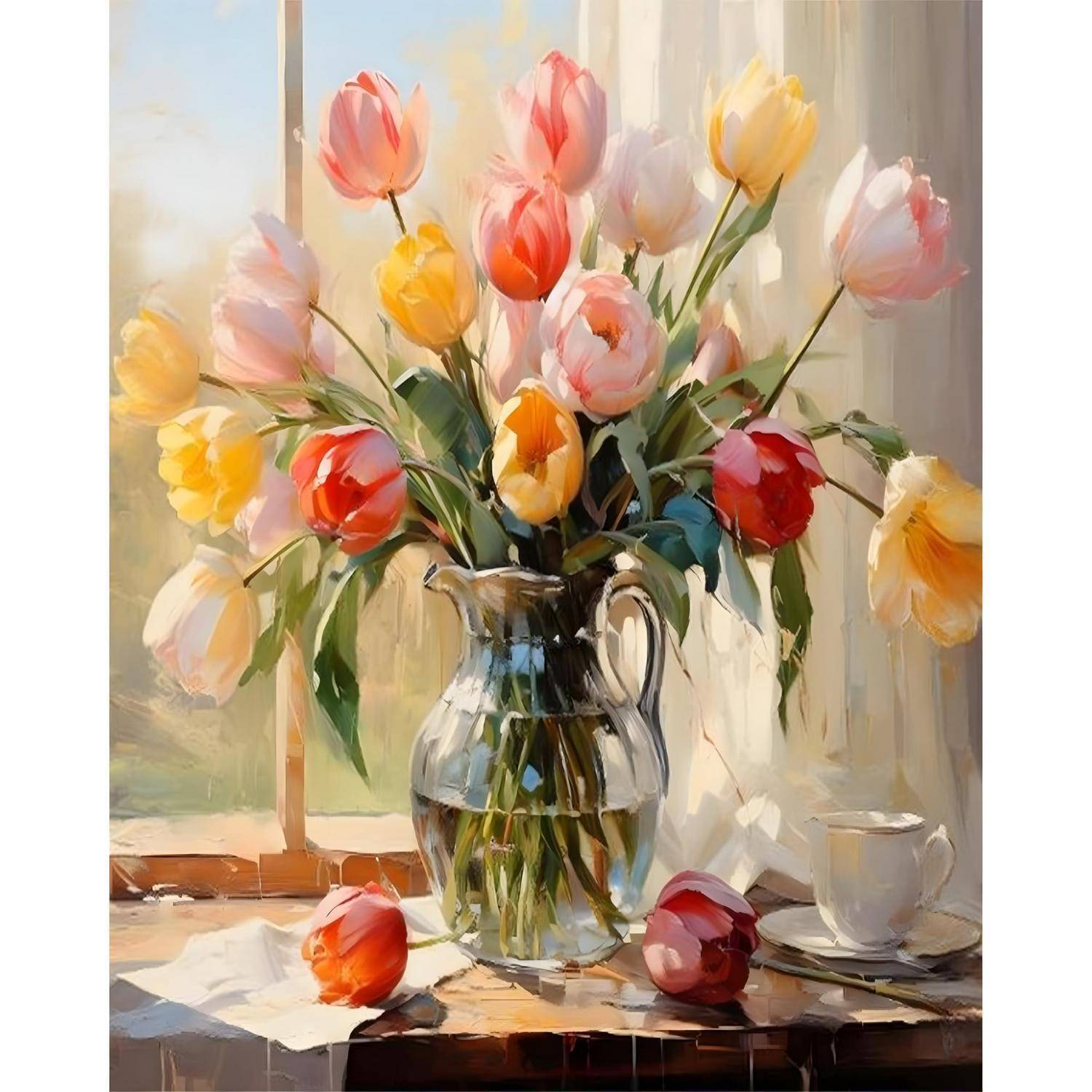 Gemälde eines Straußes aus bunten Tulpen in einer Glaskanne auf einem sonnigen Tisch neben einem Fenster, mit einer Teetasse und herabgefallenen Blüten in der Nähe.