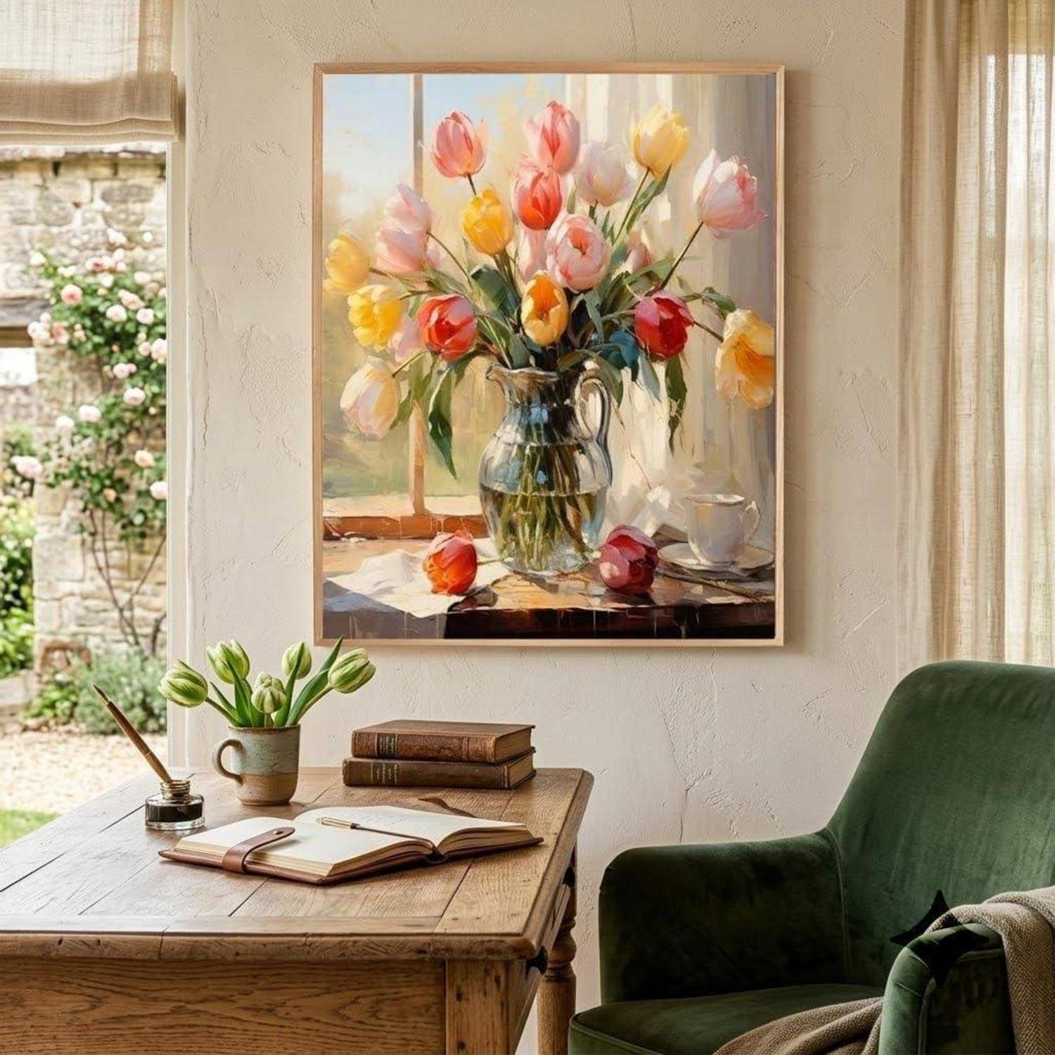 Ein gemütliches Zimmer mit einem Holzschreibtisch, einem aufgeschlagenen Notizbuch, Büchern und Tulpen unter einem gerahmten Gemälde von Blumen in einer Vase neben einem grünen Sessel.