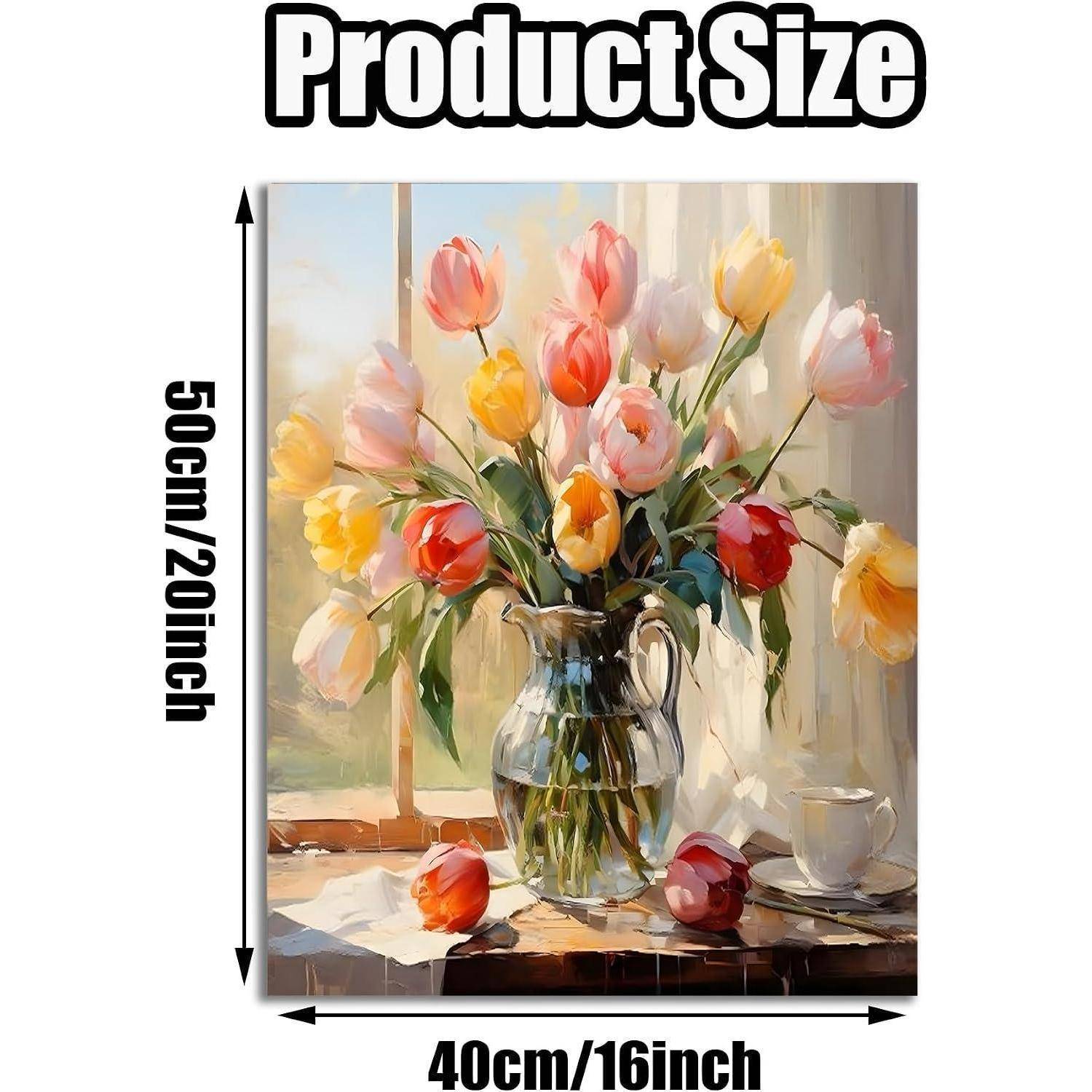 Größentabelle für Kunstwerk einer Blumenvase, 50 cm/20 Zoll hoch und 40 cm/16 Zoll breit.