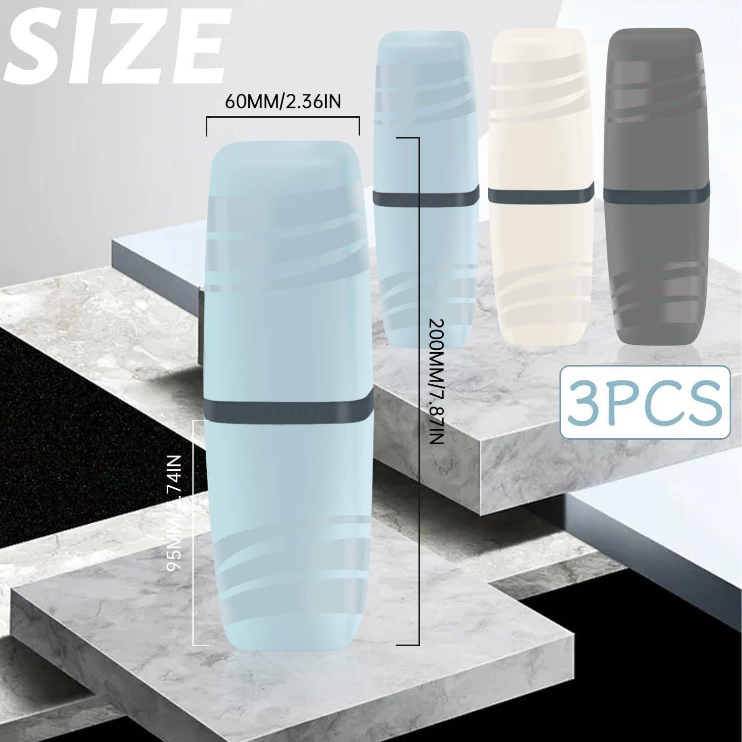 Größentabelle für Produkt mit einem 3-teiligen kapselförmigen Behälterset in Blau, Creme und Grau, gekennzeichnet mit 60 mm Breite und 200 mm Höhe.