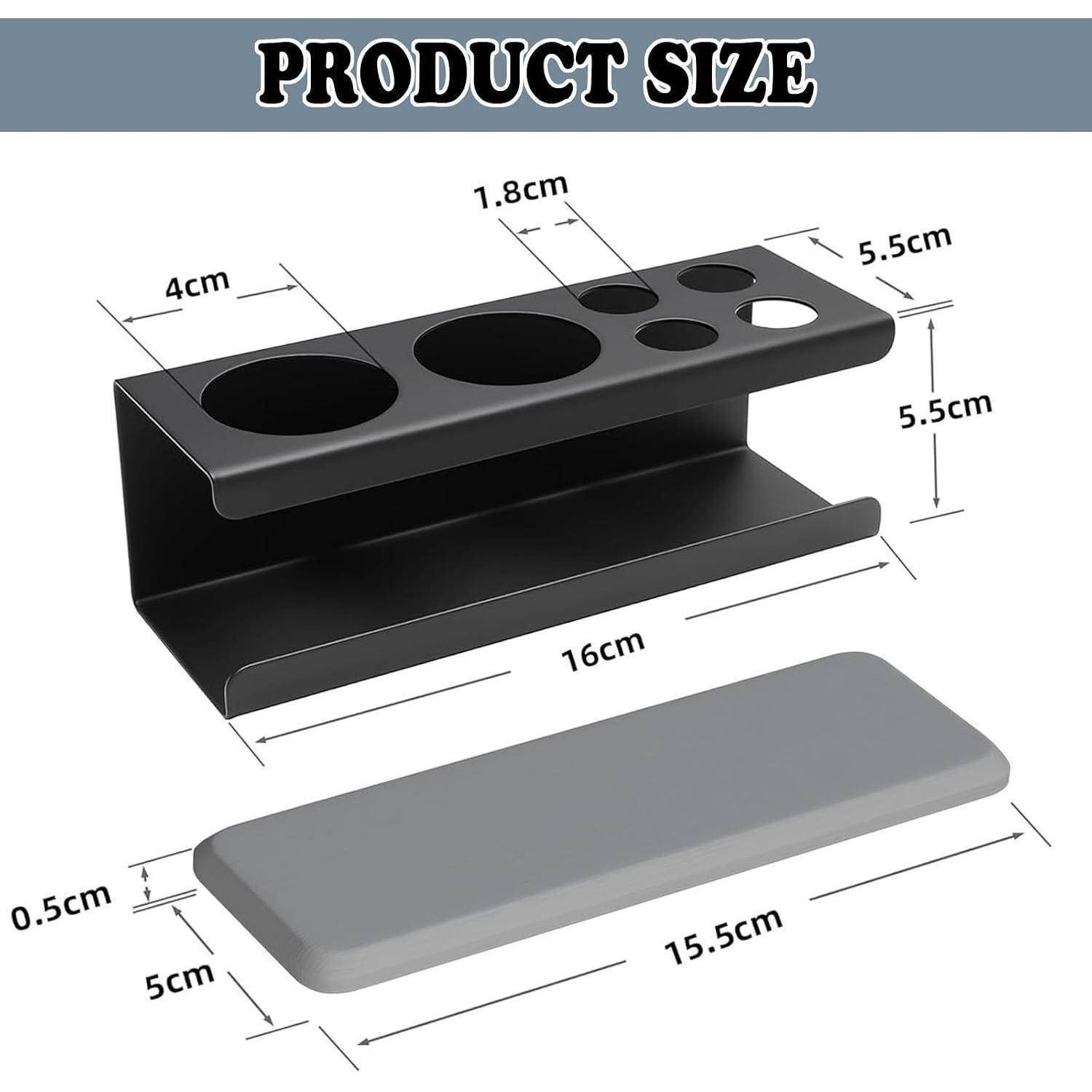 Produktgrößendiagramm eines schwarzen Ständers und eines grauen Tabletts, beschriftet 16 cm breit, 5,5 cm hoch, mit kreisförmigen Öffnungen 4 cm und 1,8 cm, und einem Tablett 15,5 cm mal 5 cm mal 0,5 cm.