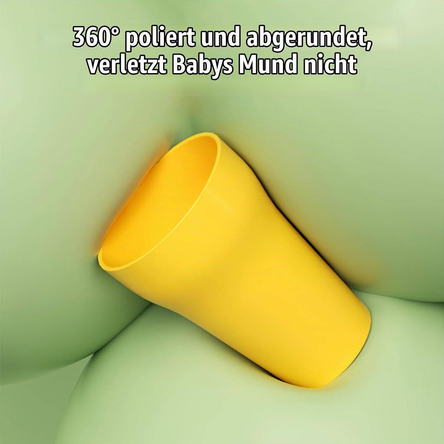 Gelbes abgerundetes Babybecher mit deutschem Text, das angibt, dass es zu 360° poliert und abgerundet ist, damit es den Mund eines Babys nicht verletzt.