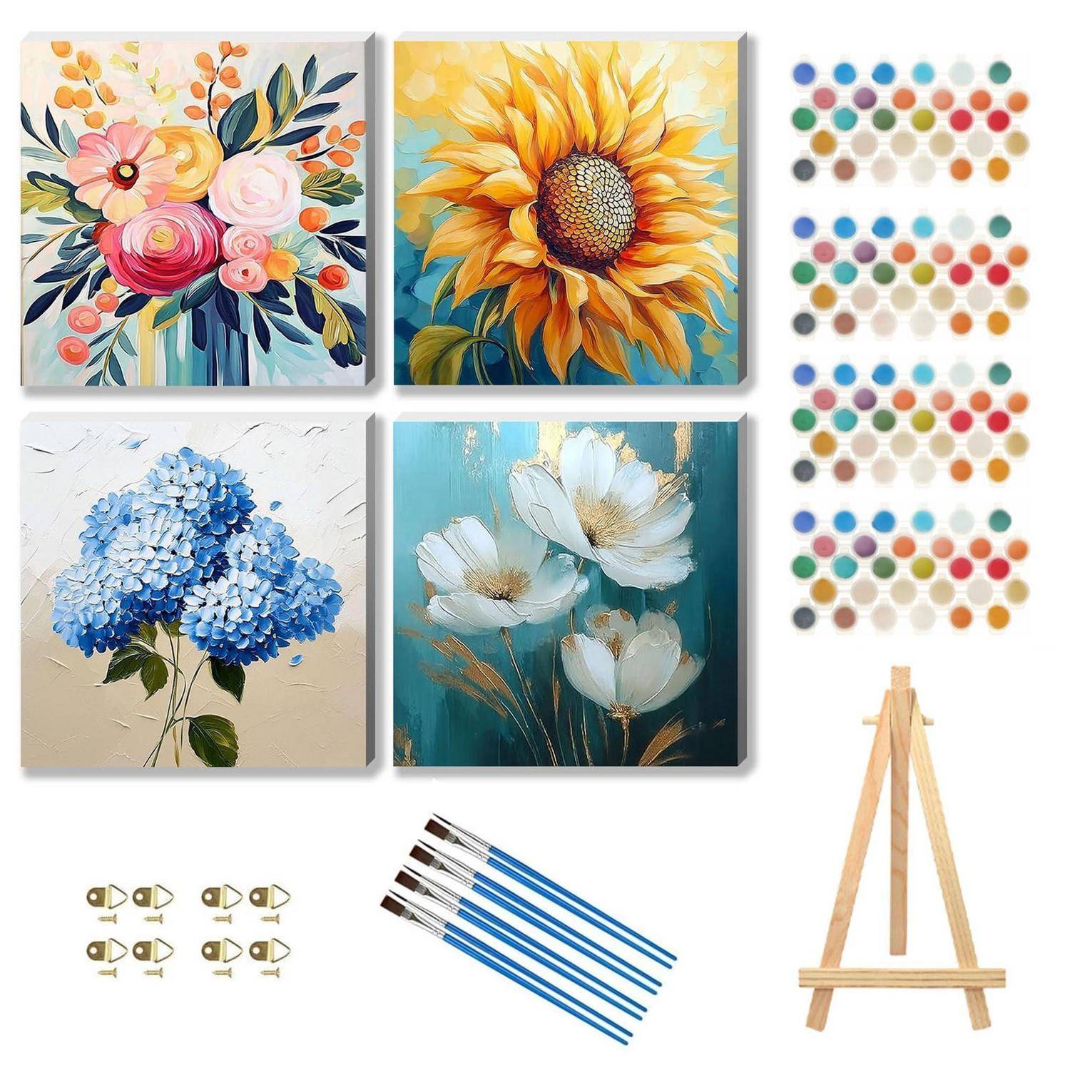 Kunstwerk-Beispiellayout mit vier Blumengemälden, Farbmuster-Paletten, Pinseln und einer Staffelei aus Holz auf weißem Hintergrund.