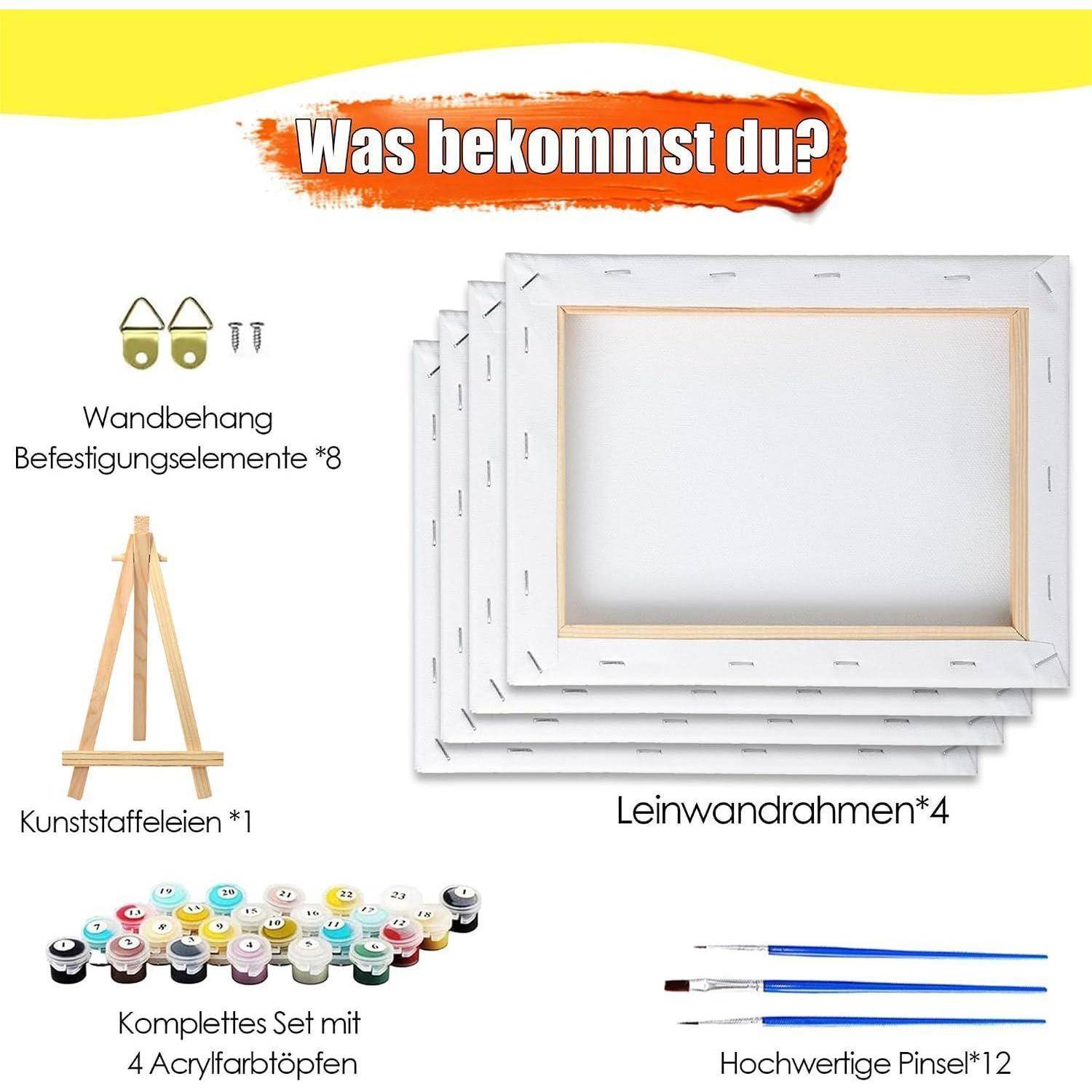 Produktinhaltsabbildung mit 4 Leinwandrahmen, 1 Holzstaffelei, 8 Wandhalterungen und 12 Pinseln mit 48 Acrylfarben.
