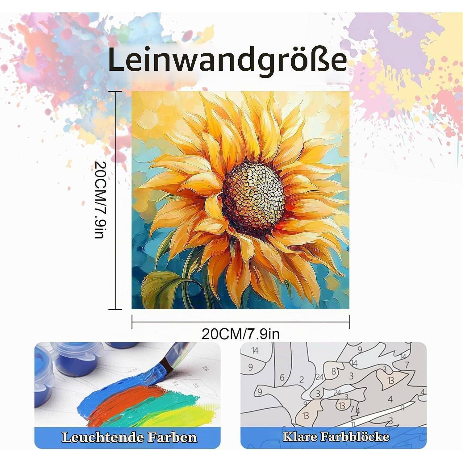 Werbegrafik, die eine Leinwandgröße von 20 cm x 20 cm mit einem Sonnenblumengemälde und Beispiele von lebendigen Farben und klaren Nummernblöcken zeigt.