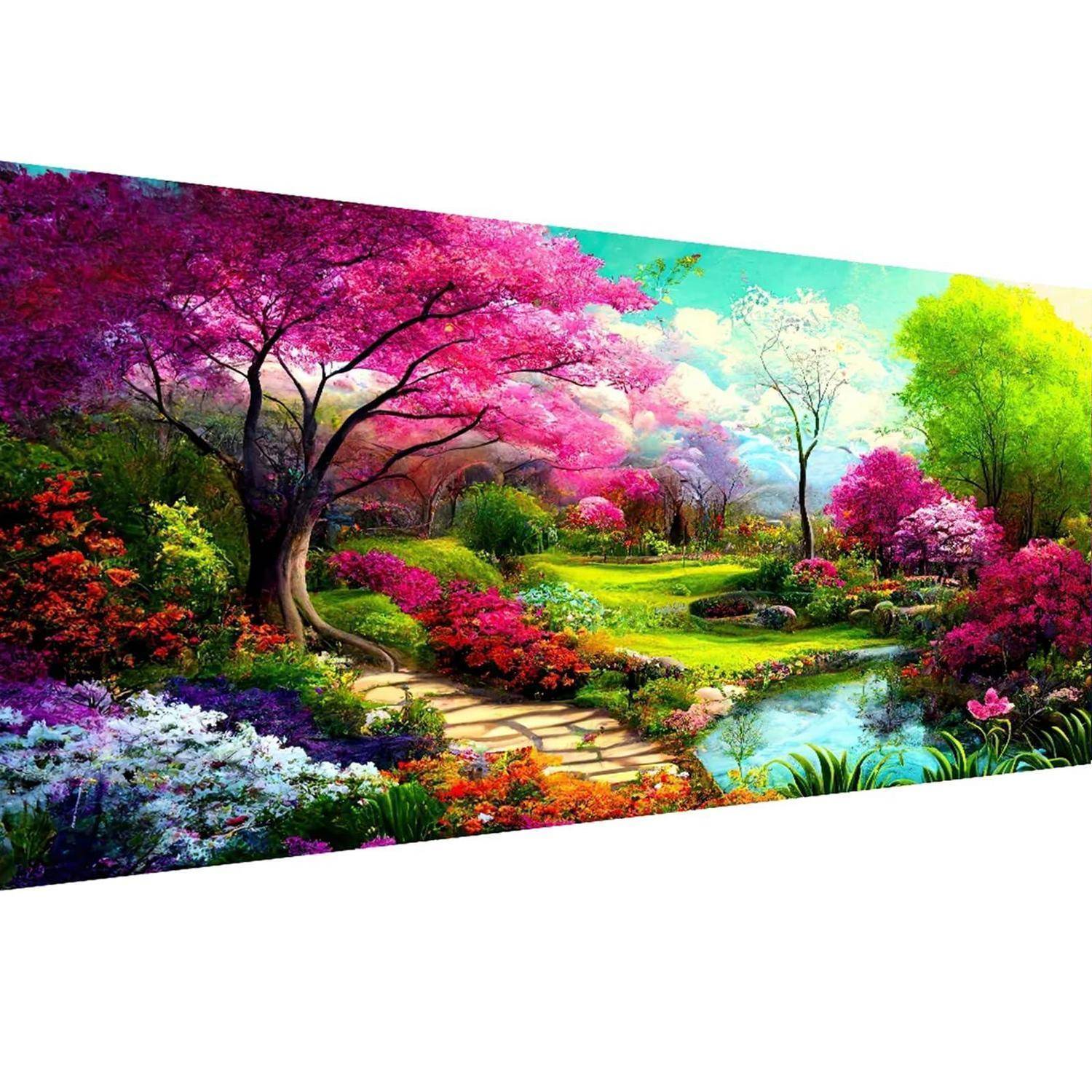 Lebendiger Fantasiegarten mit blühenden rosa, violetten und grünen Bäumen, einem Steinweg und einem kleinen Bach unter einem strahlend hellen Himmel.