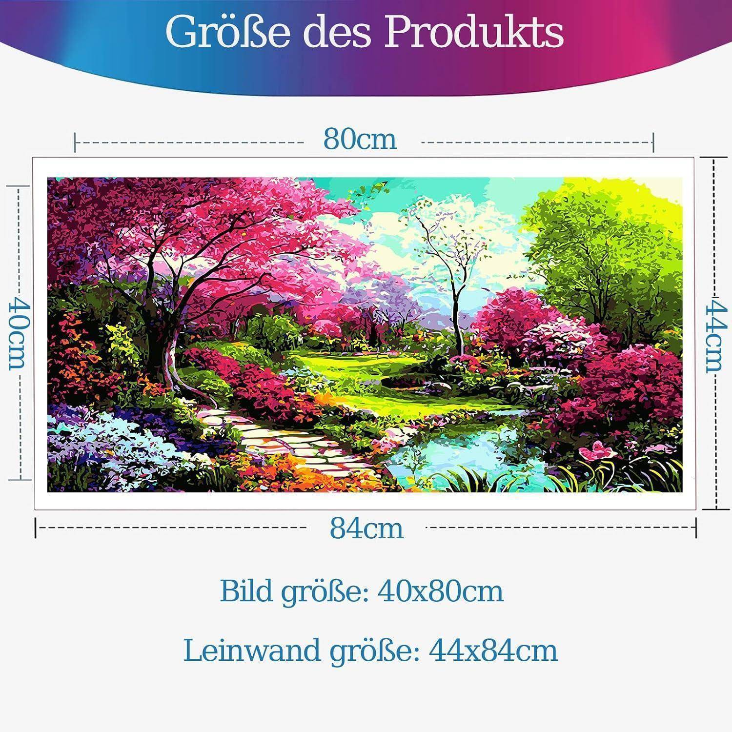Produktgrößendiagramm für einen Leinwanddruck, das die Bildgröße 40x80 cm und die Leinwandgröße 44x84 cm um ein buntes Landschaftskunstwerk herum zeigt.