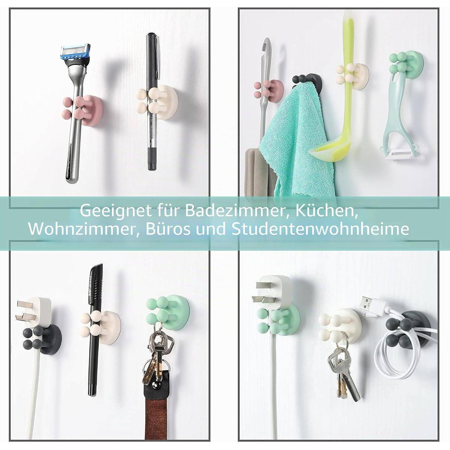 Collage von wandmontierten Saugnapfhaken, die Toilettenartikel, Handtücher, Schlüssel und Kabel halten; deutscher Text besagt „Geeignet für Badezimmer, Küchen, Wohnzimmer, Büros und Studentenwohnheime
