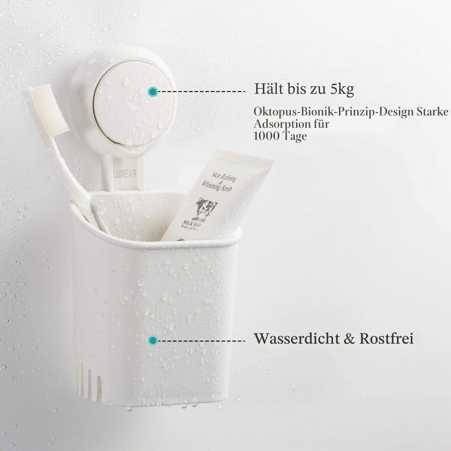 Weiß montierter Badezimmer-Organizer an der Wand mit einer Bürste, einem Spender und einer Tube, mit deutschen Beschriftungen, die besagen, dass er bis zu 5 kg hält, wasserdicht und rostfrei ist und Kraken-ähnliche Saugkraft für 1000 Tage verwendet.