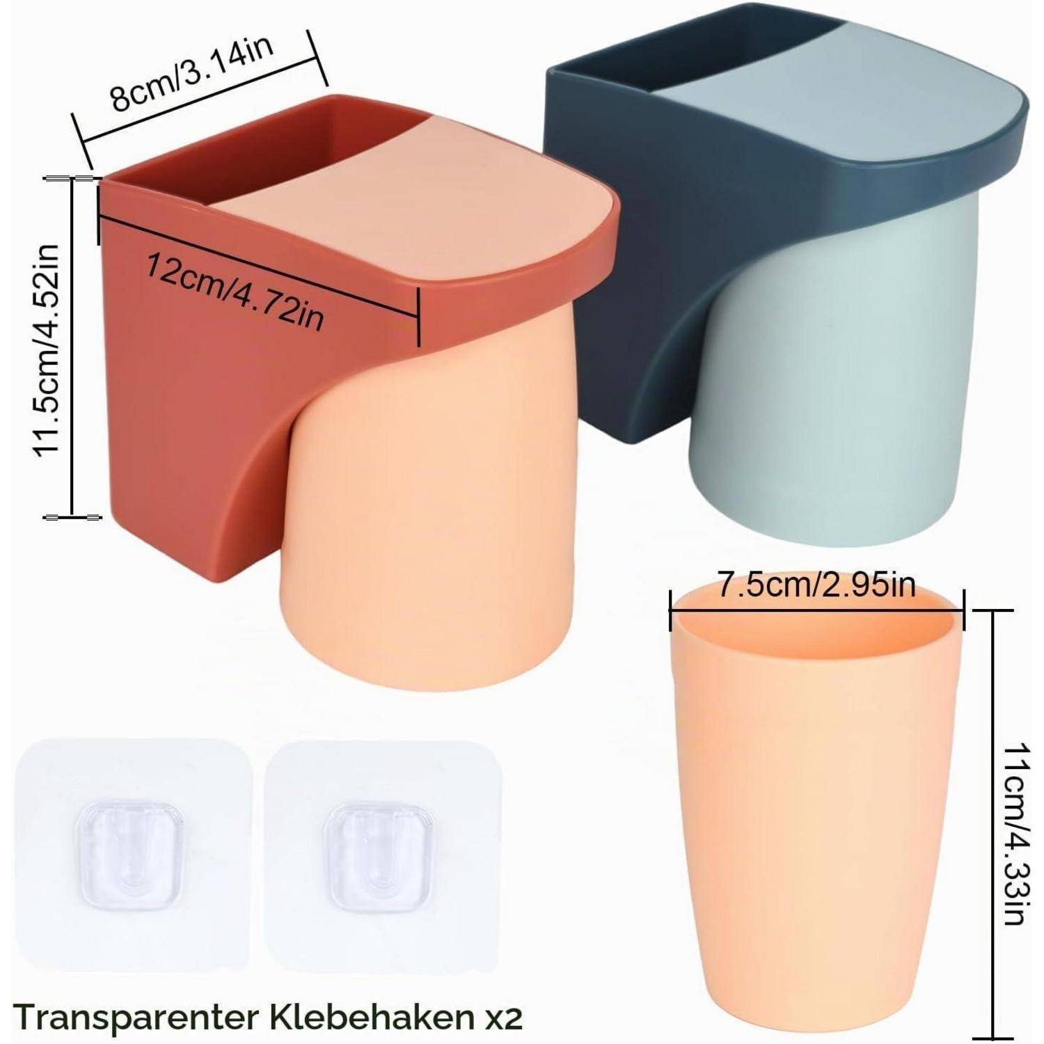 Produktbild zeigt zwei wandmontierte Klebetassenhalter in Rot und Blau mit einem abnehmbaren beigen Becher; Abmessungen und „Transparenter Klebehaken x2