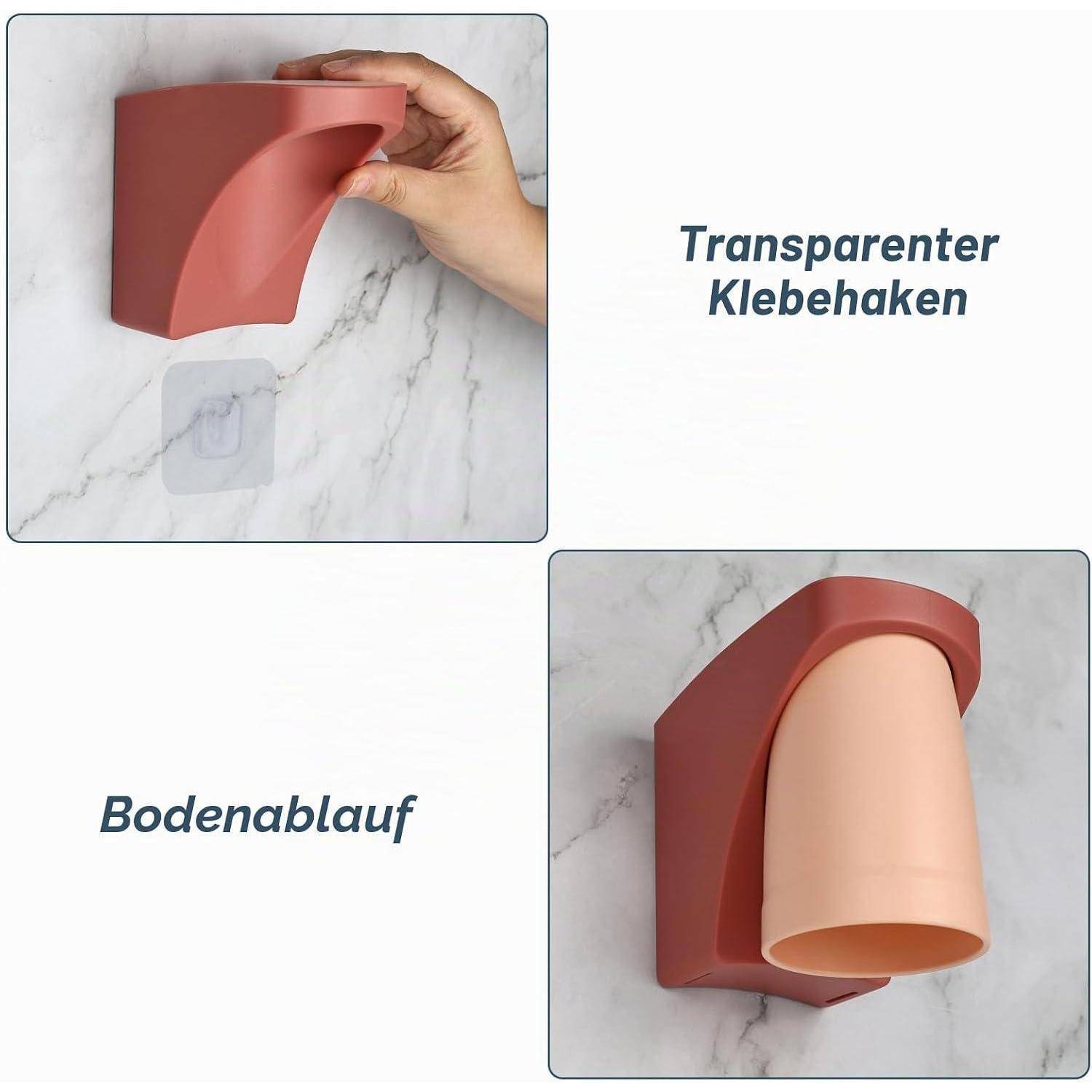 Collage zeigt einen wandmontierten Eckenhalter, der mit einem transparenten Klebehaken befestigt wird und einen zylindrischen Behälter hält; Beschriftungen lesen „Transparenter Klebehaken