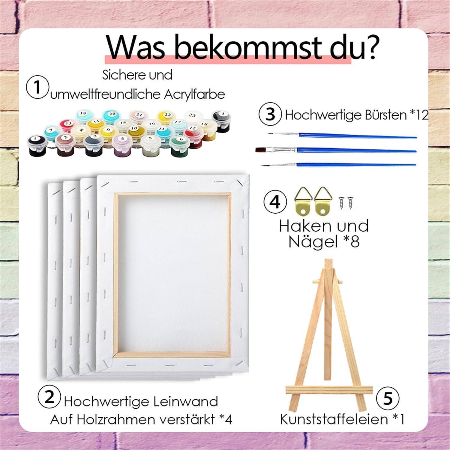 Grafische Auflistung des Inhalts eines Malsets: umweltfreundliche Acrylfarben, 4 verstärkte Leinwandplatten, 12 Pinsel, 8 Haken und Nägel sowie 1 Staffelei.