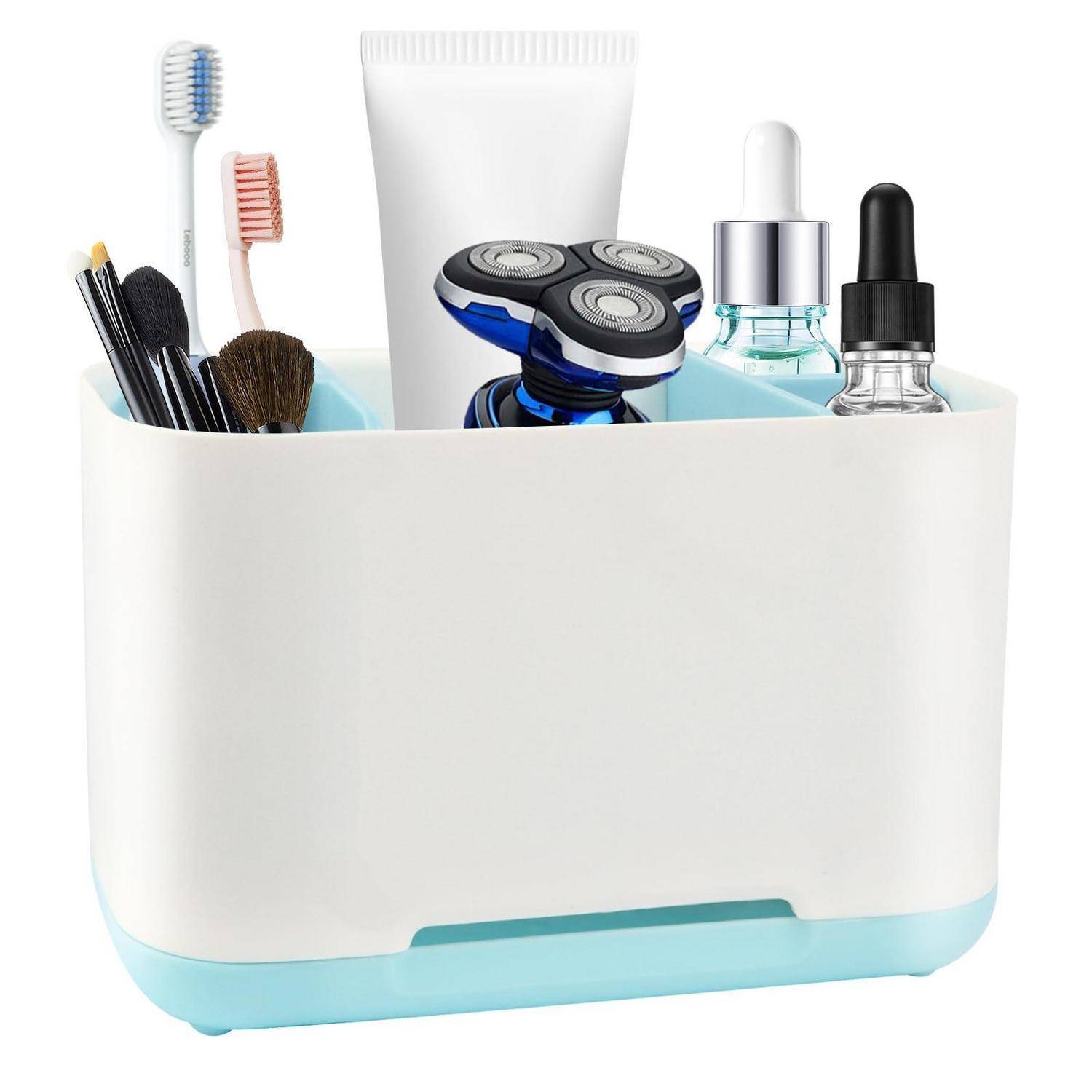 Weißer Badorganizer mit blauem Sockel, der Zahnbürsten, Make-up-Pinsel, einen Rasierer, Zahnpasta und kleine Flaschen hält.