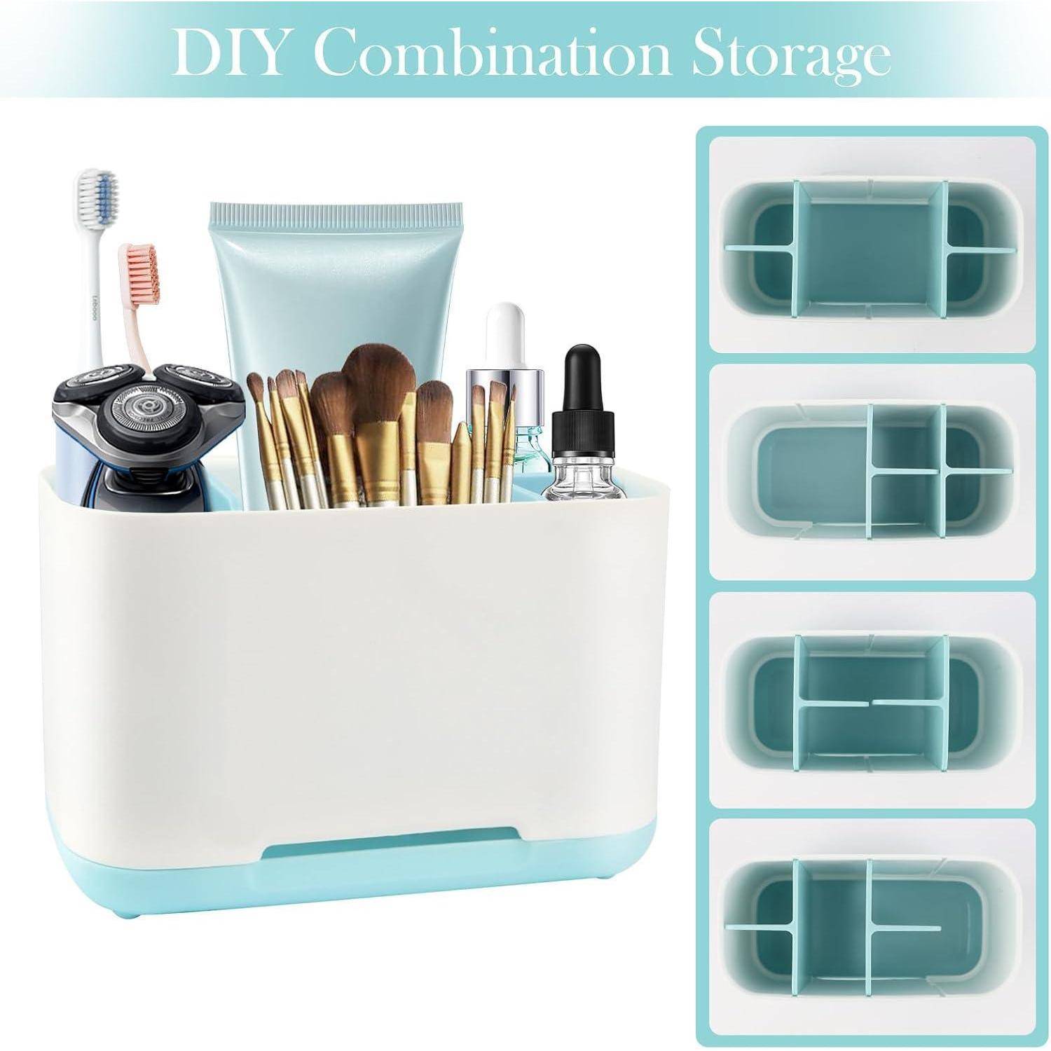 DIY-Kombinationslagerorganizer zur Aufbewahrung von Toilettenartikeln und Makeup-Pinseln, mit vier austauschbaren Fachaufteilungsoptionen auf der rechten Seite dargestellt.