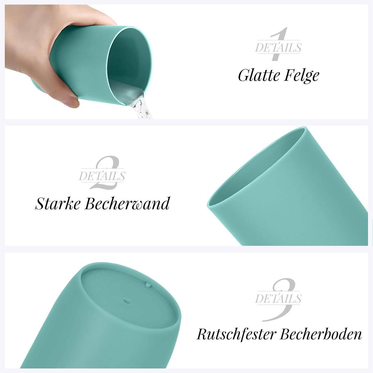 Dreiteiliges Produktbild eines mintgrünen Bechers mit glatter Oberfläche, stabiler Berecherwand und rutschfestem Becherboden; Beschriftungen lesen „Glatte Felge