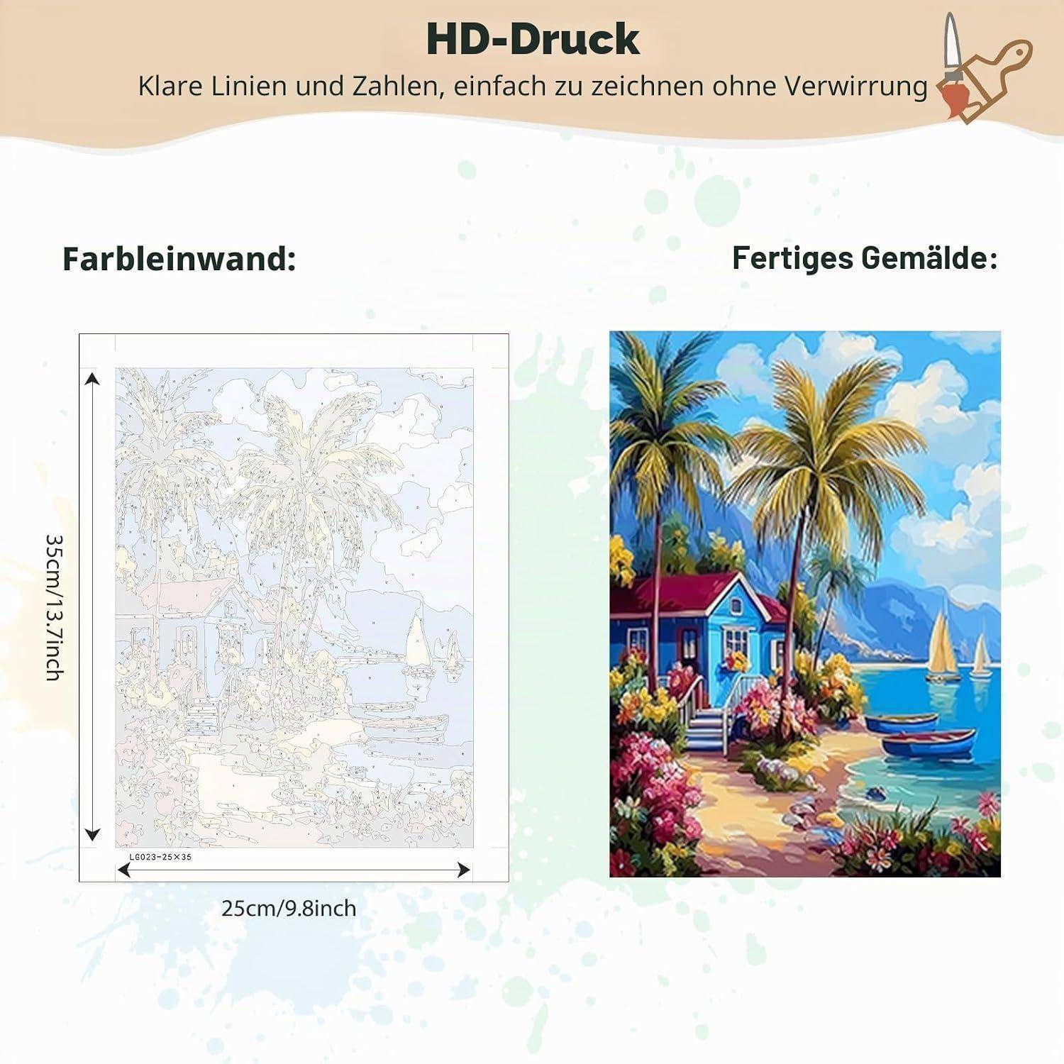 Vergleichsgrafik für HD-Druck: Links ist eine Malen-nach-Zahlen-Leinwand mit schwachen Umrissen zu sehen; rechts zeigt sich das fertige tropische Strandgemälde.