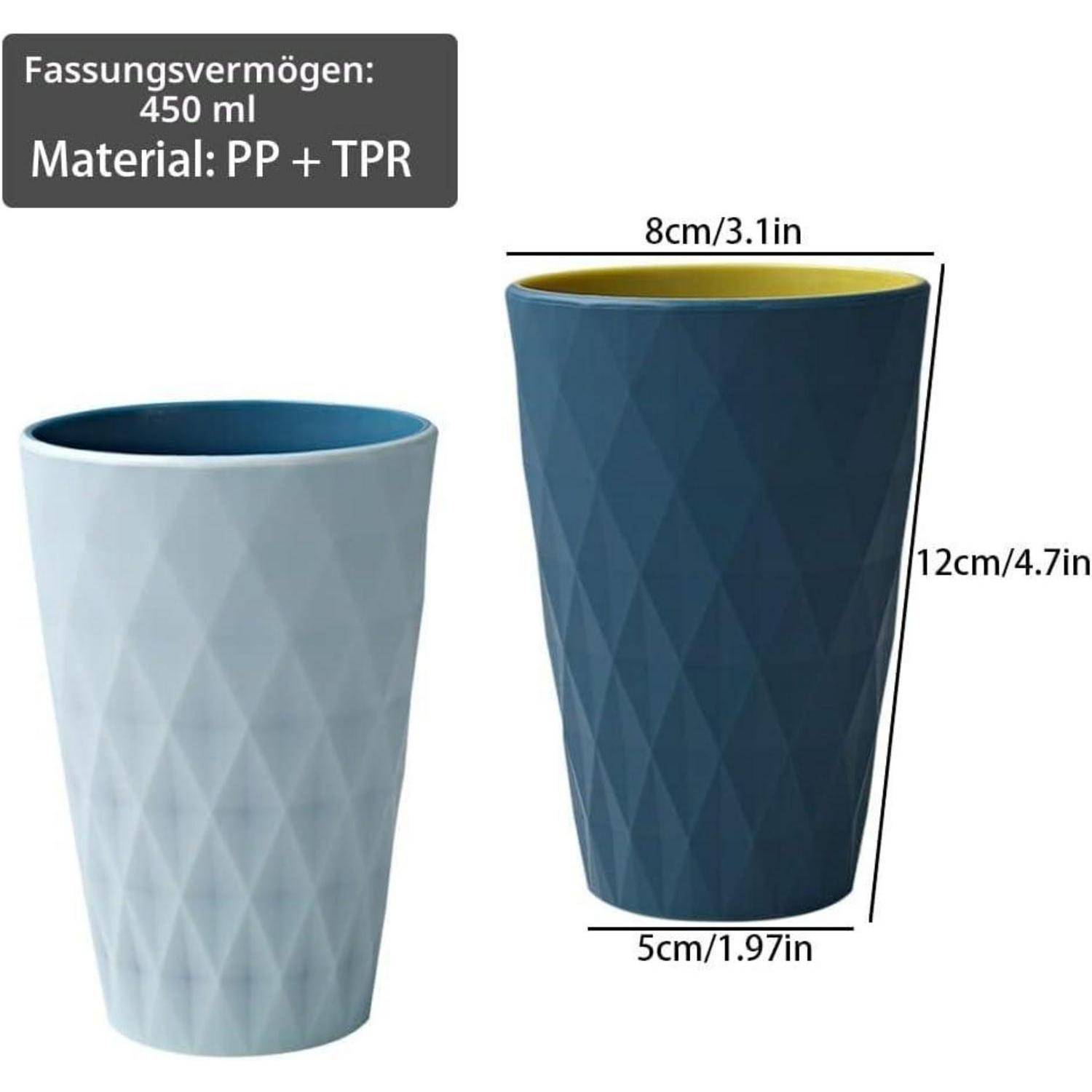 Produktbild von zwei konischen Bechern mit einer Kapazität von 450 ml, hergestellt aus PP + TPR, mit Abmessungen von 12 cm Höhe, 8 cm Durchmesser oben, 5 cm Durchmesser unten.